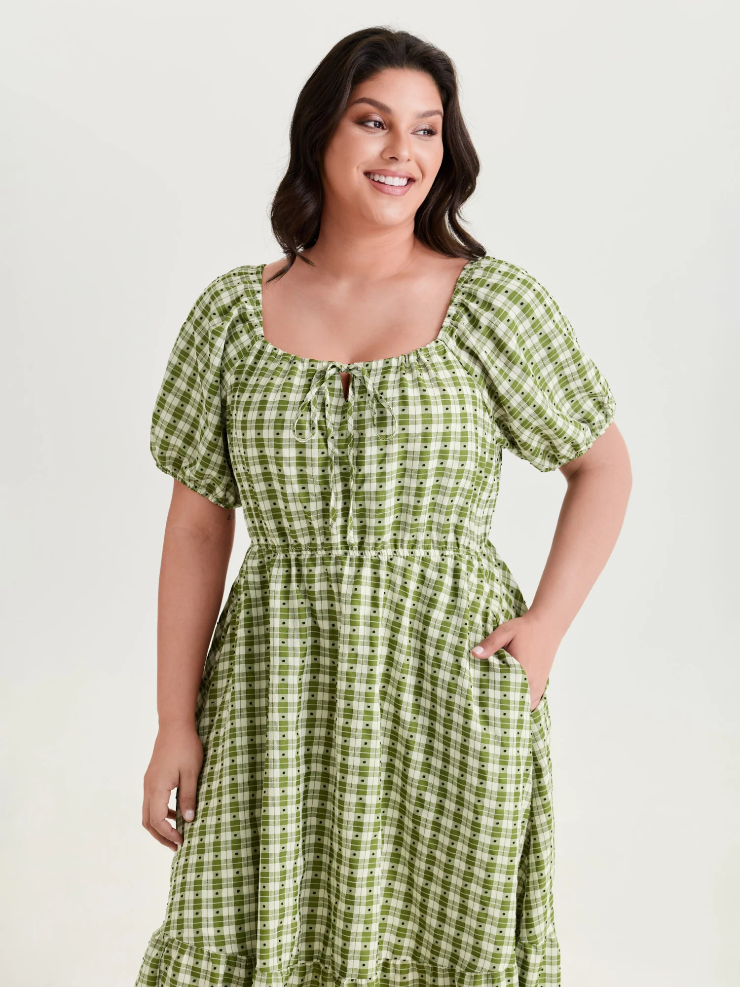 Gingham Print Adjustable Drawstring Neckline Midi Dress - Image 2