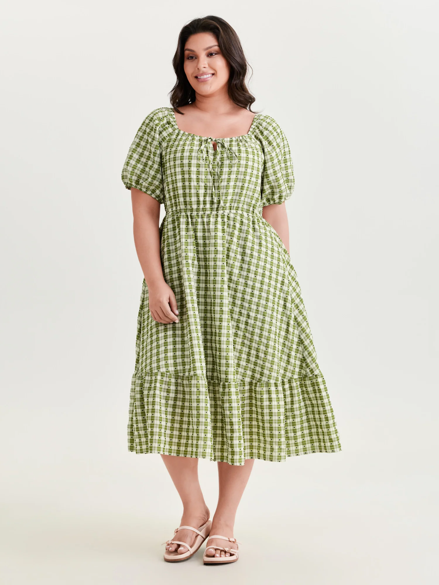 Gingham Print Adjustable Drawstring Neckline Midi Dress - Image 3