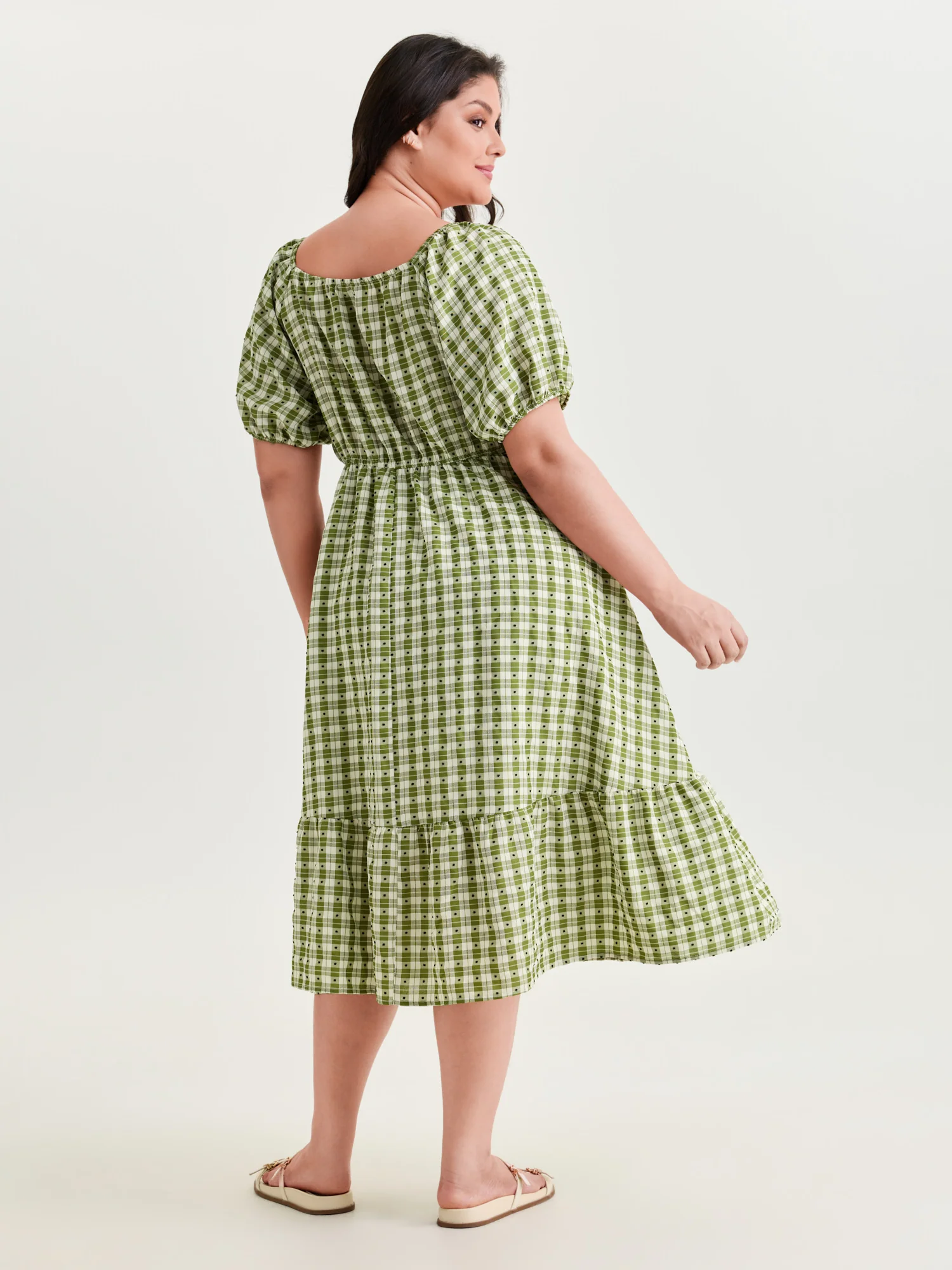 Gingham Print Adjustable Drawstring Neckline Midi Dress - Image 4