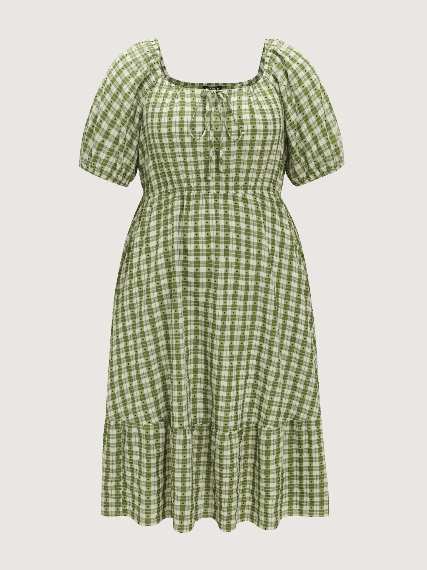 Gingham Print Adjustable Drawstring Neckline Midi Dress - Image 7