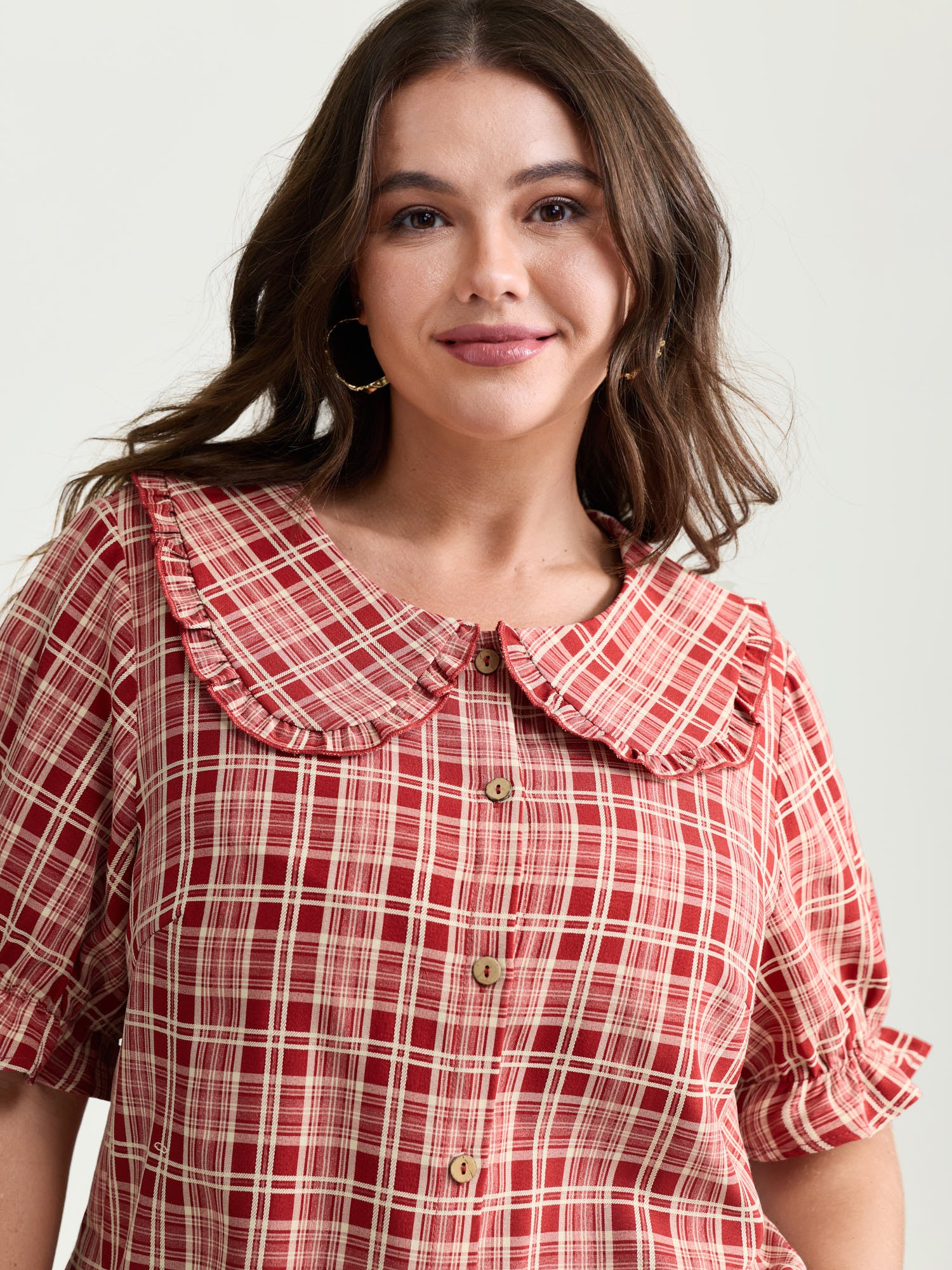 Gingham Print Babydoll Collar Button-Front Shirt - Image 2