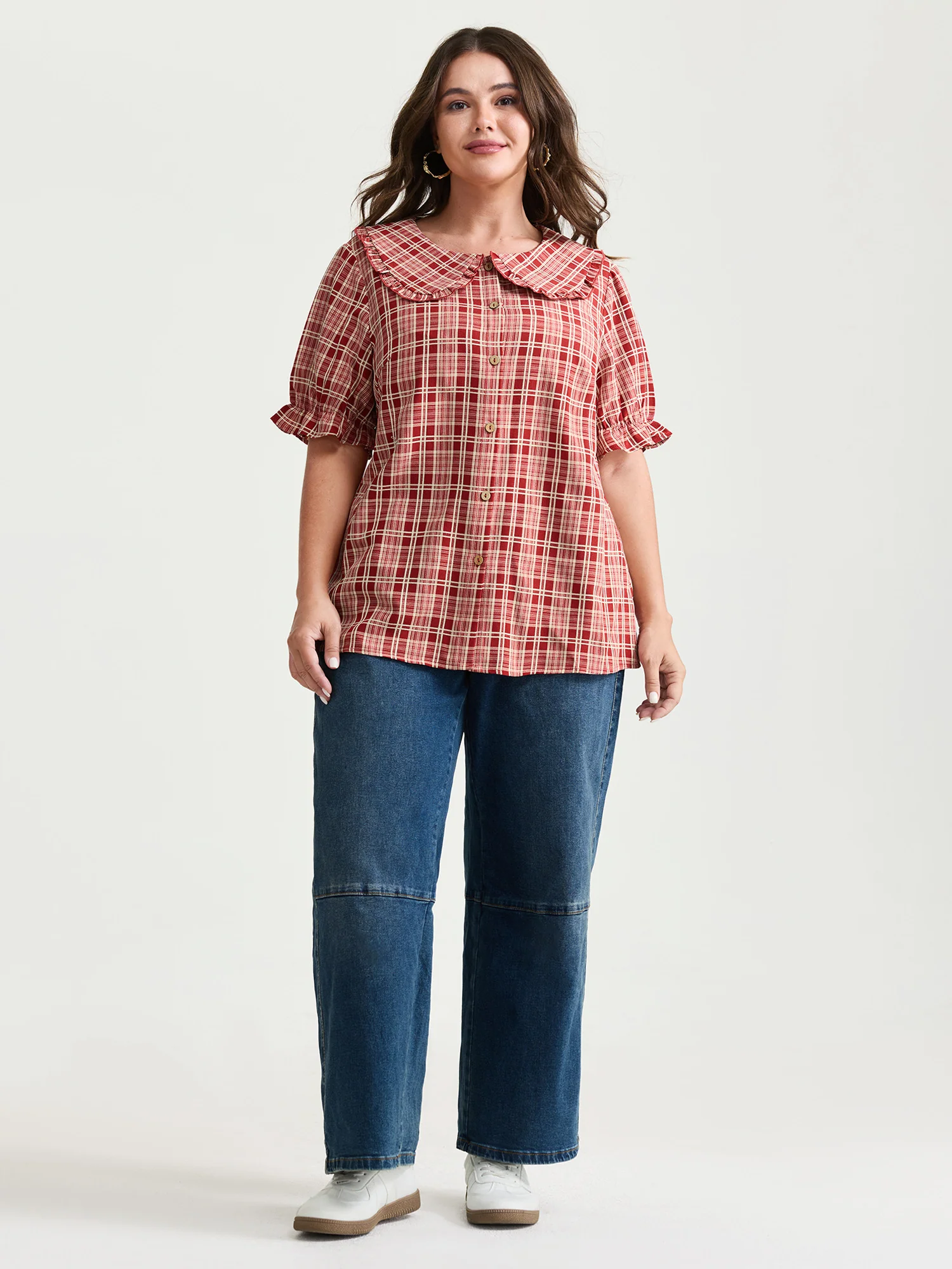 Gingham Print Babydoll Collar Button-Front Shirt - Image 3