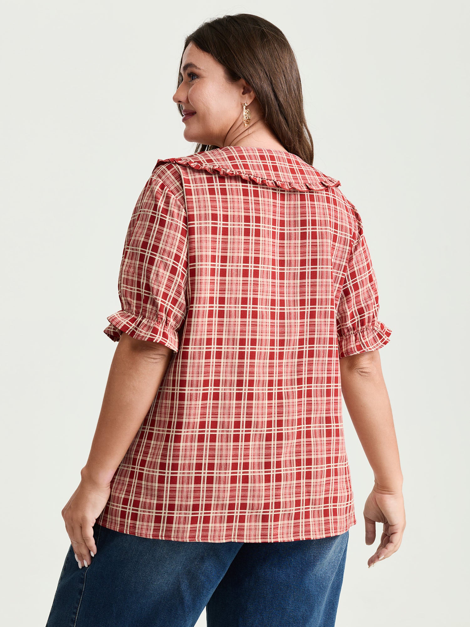 Gingham Print Babydoll Collar Button-Front Shirt - Image 4