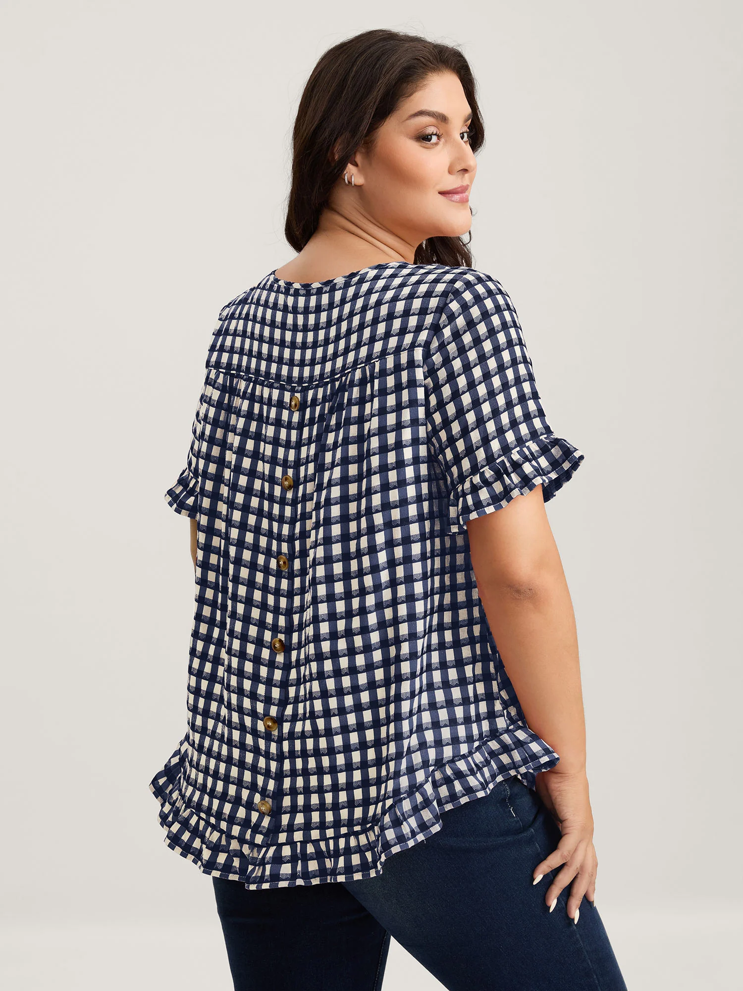 Gingham Print Button Back Blouse - Image 12