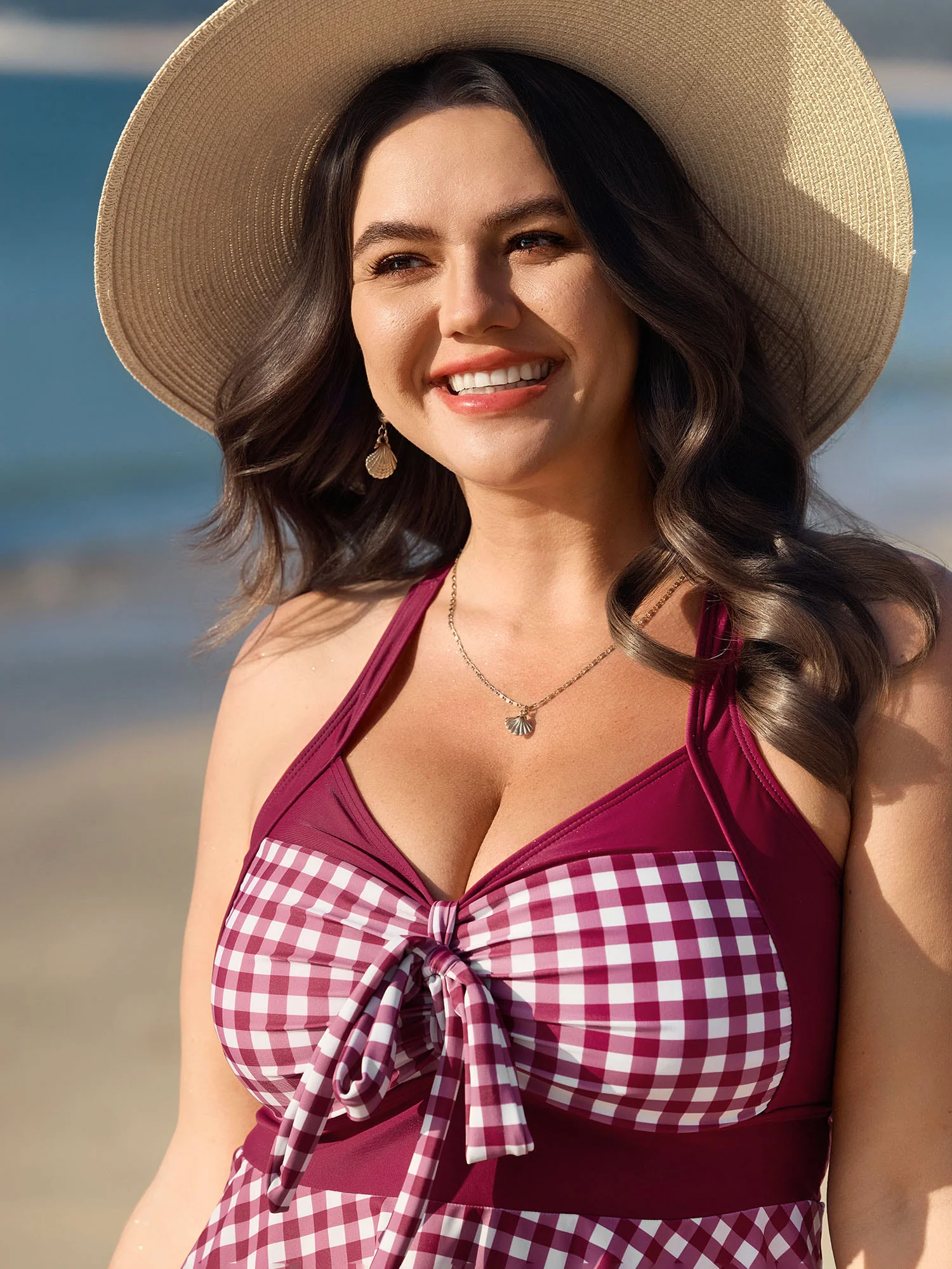 Gingham Print Color Contrast Swim Dress - Image 2