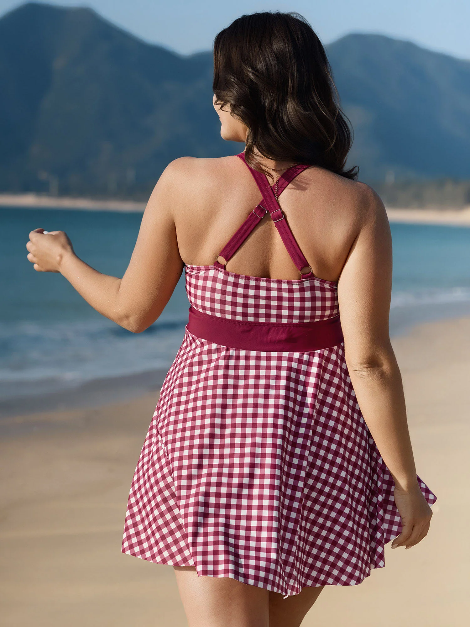 Gingham Print Color Contrast Swim Dress - Image 5