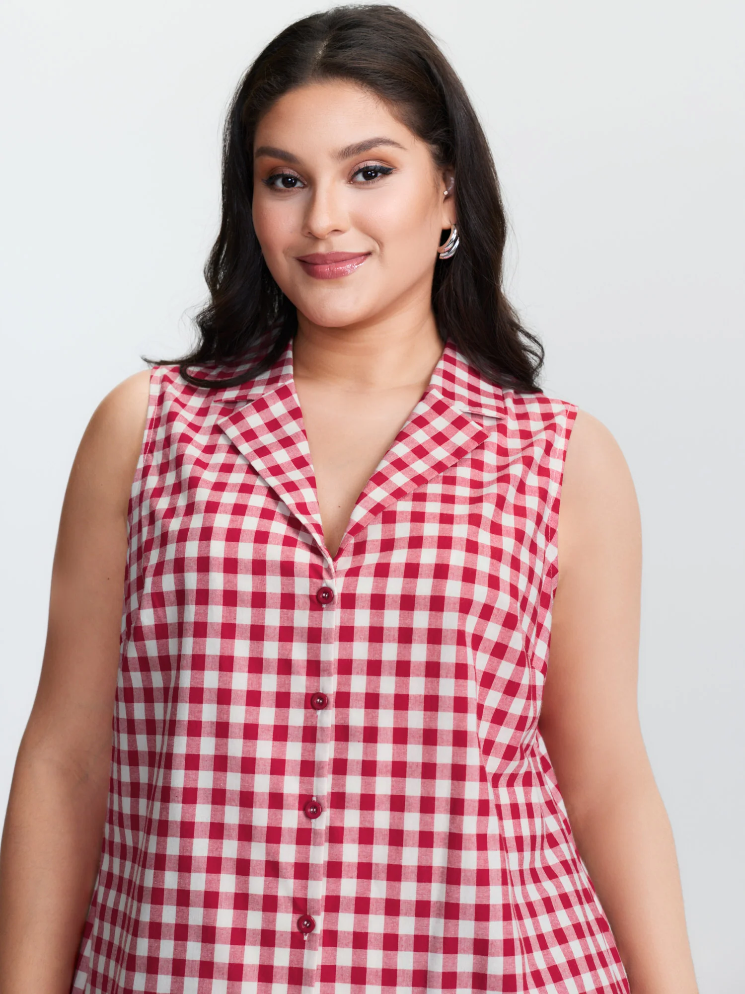 Cotton Gingham Print Lapel Collar Tank Top - Image 2