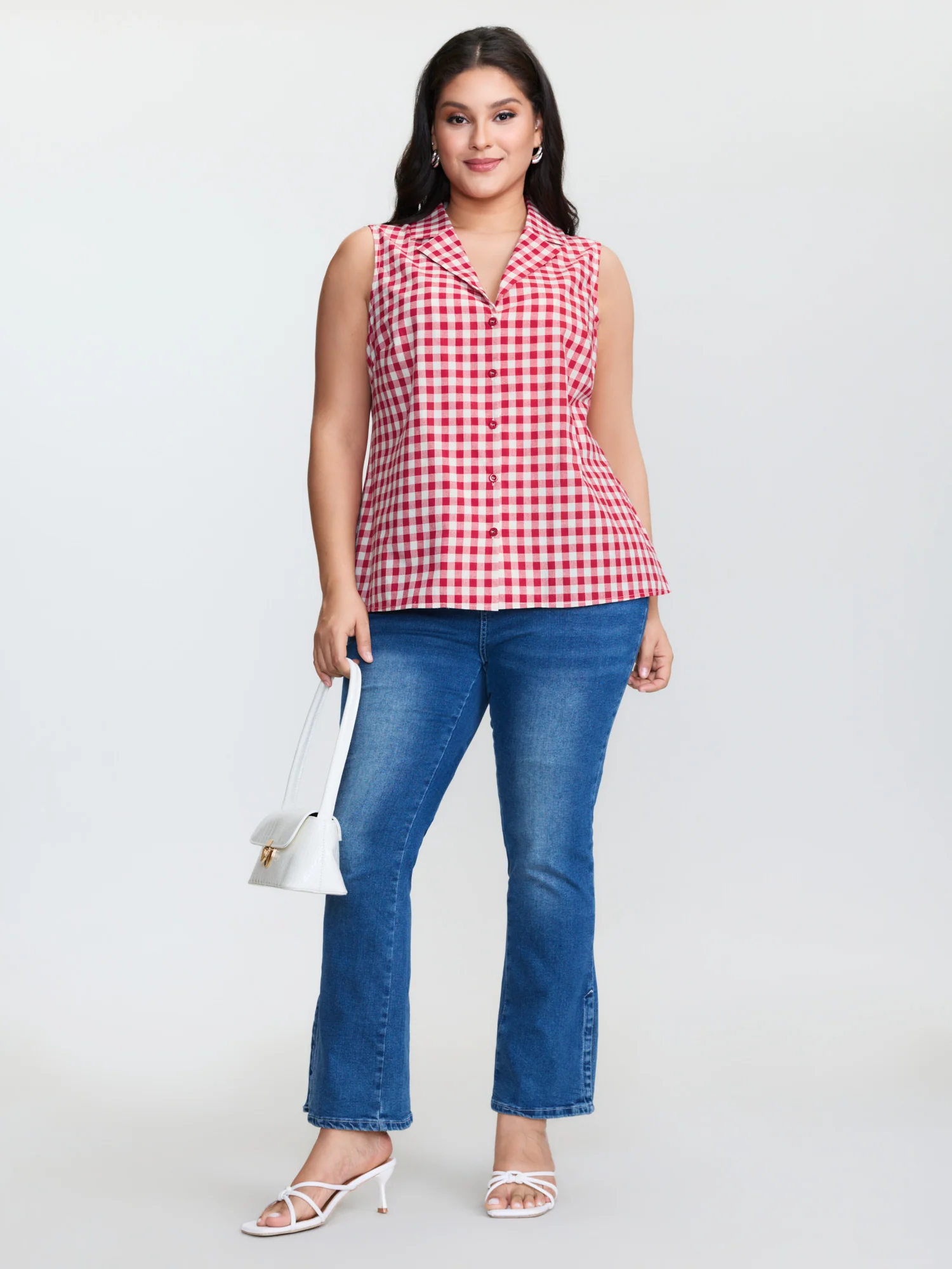 Cotton Gingham Print Lapel Collar Tank Top - Image 3
