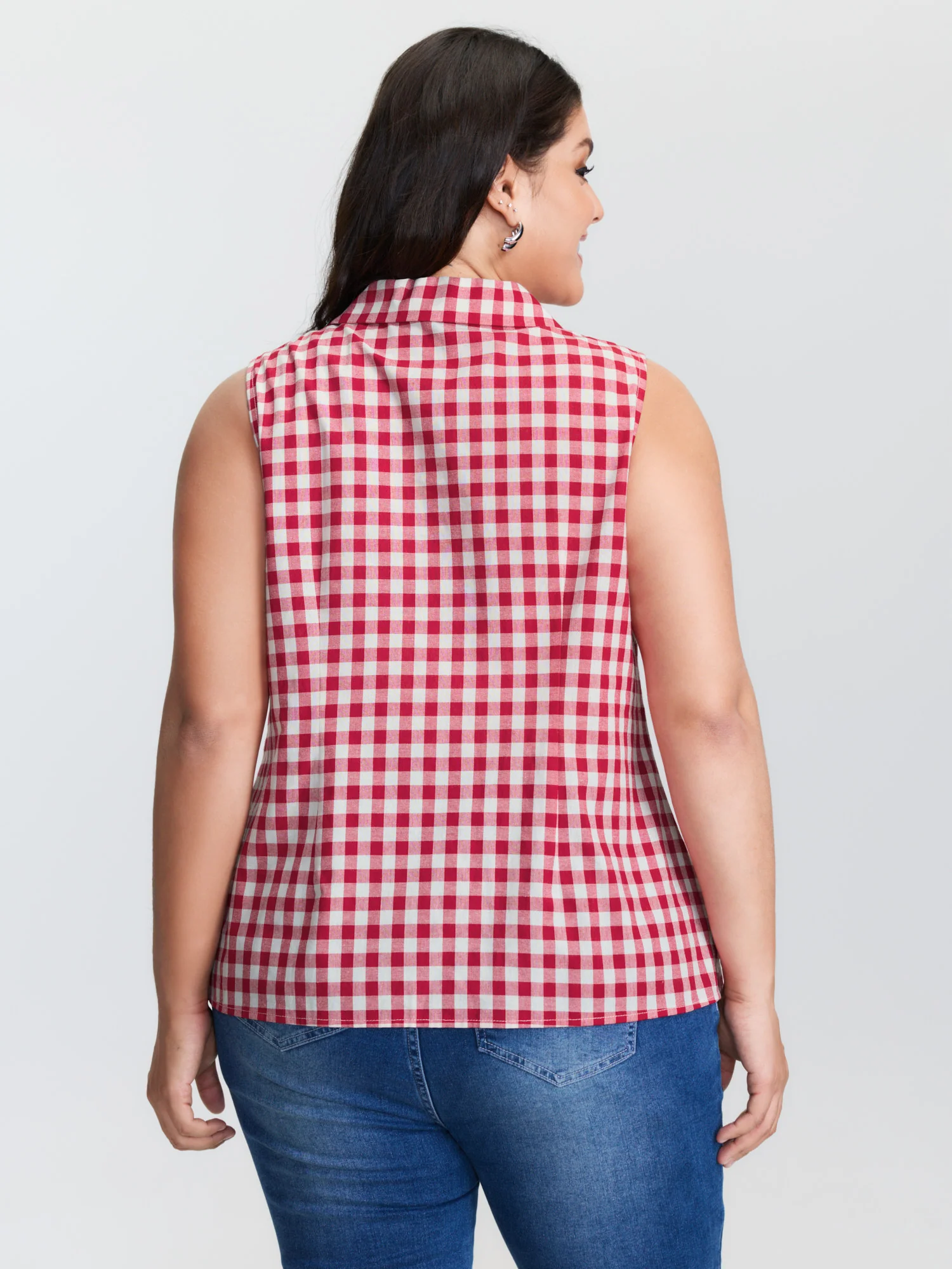 Cotton Gingham Print Lapel Collar Tank Top - Image 4