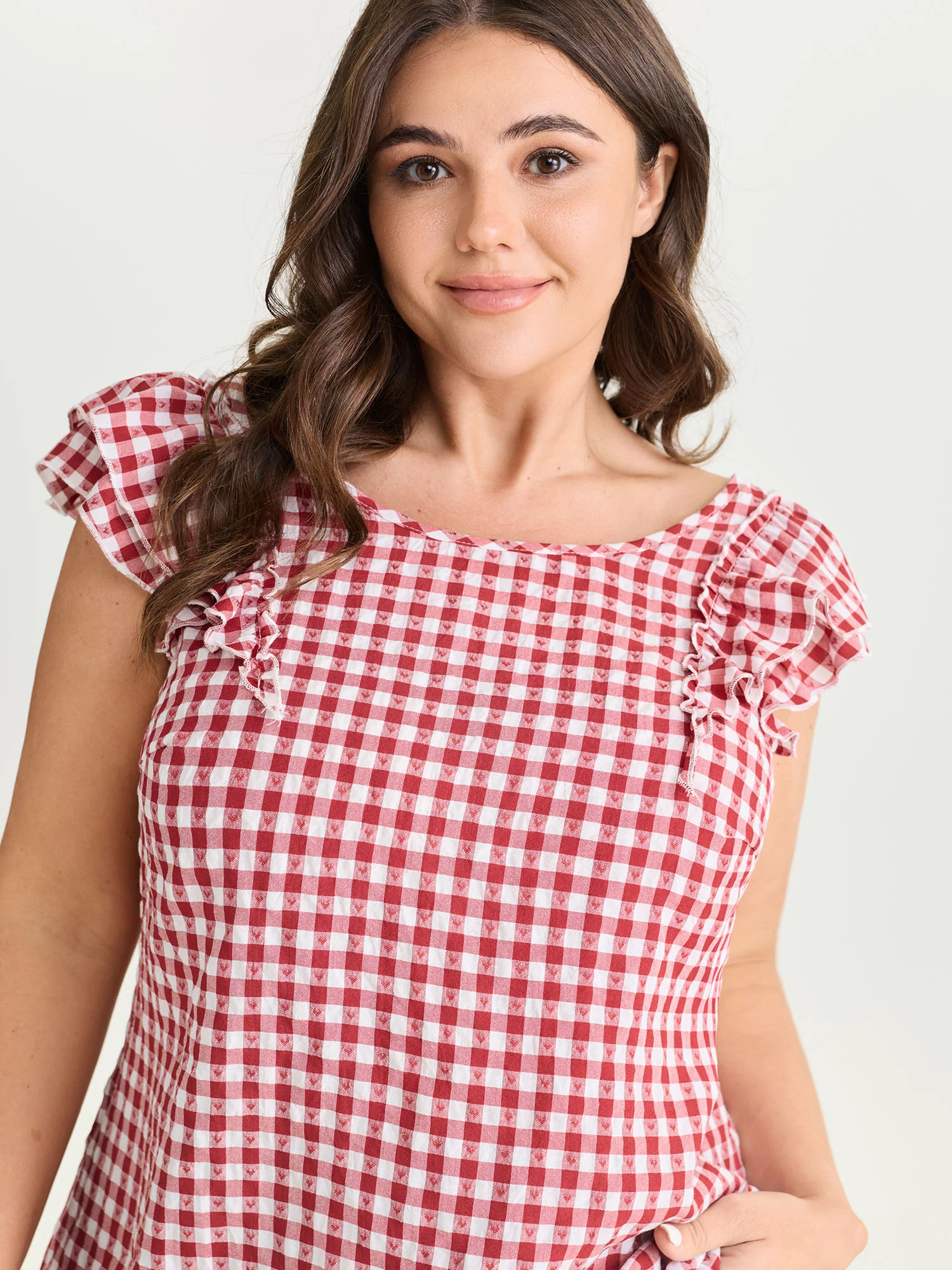 Gingham Print Layered Flutter Sleeve Blouse - Image 3