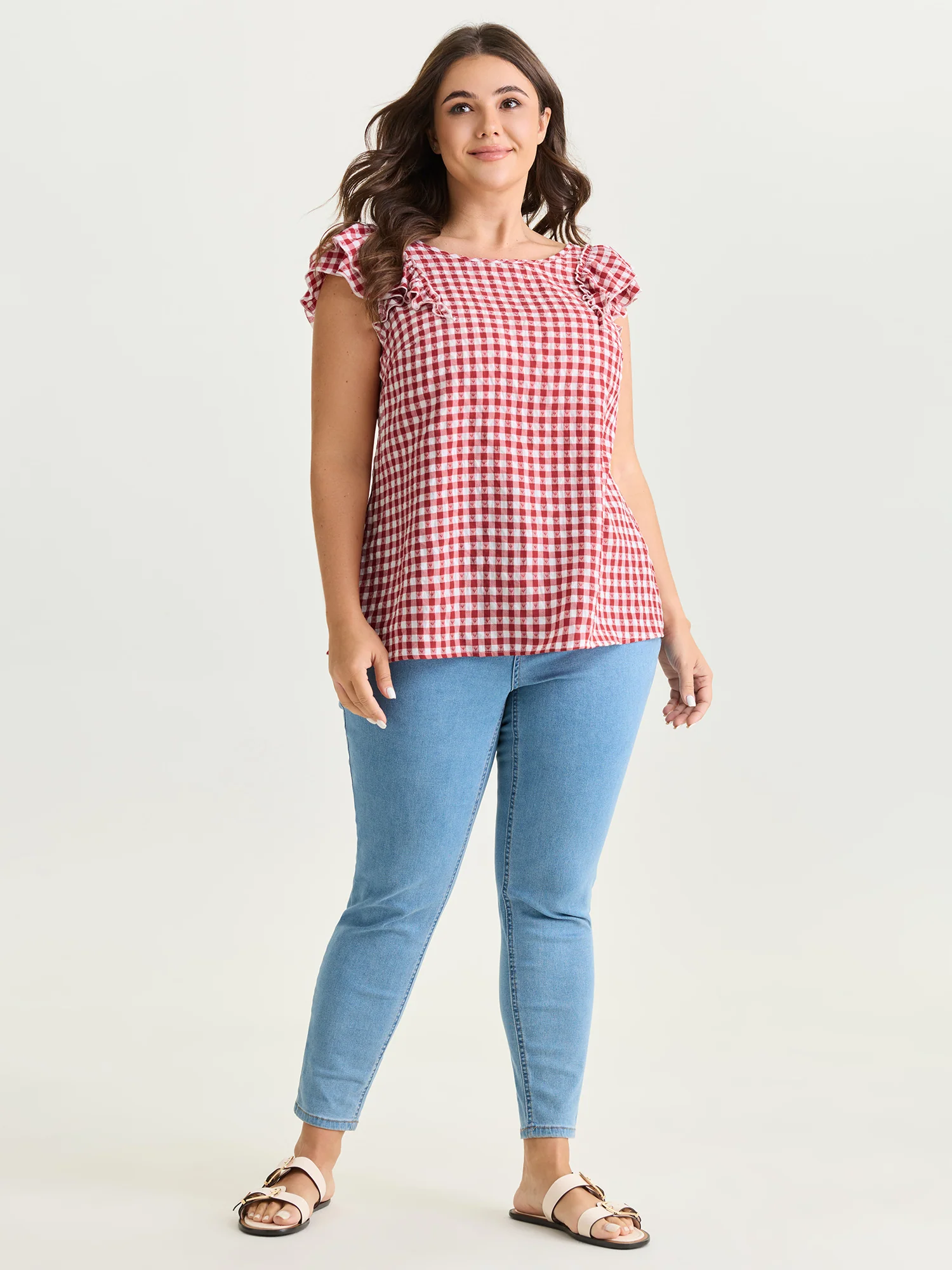 Gingham Print Layered Flutter Sleeve Blouse - Image 4