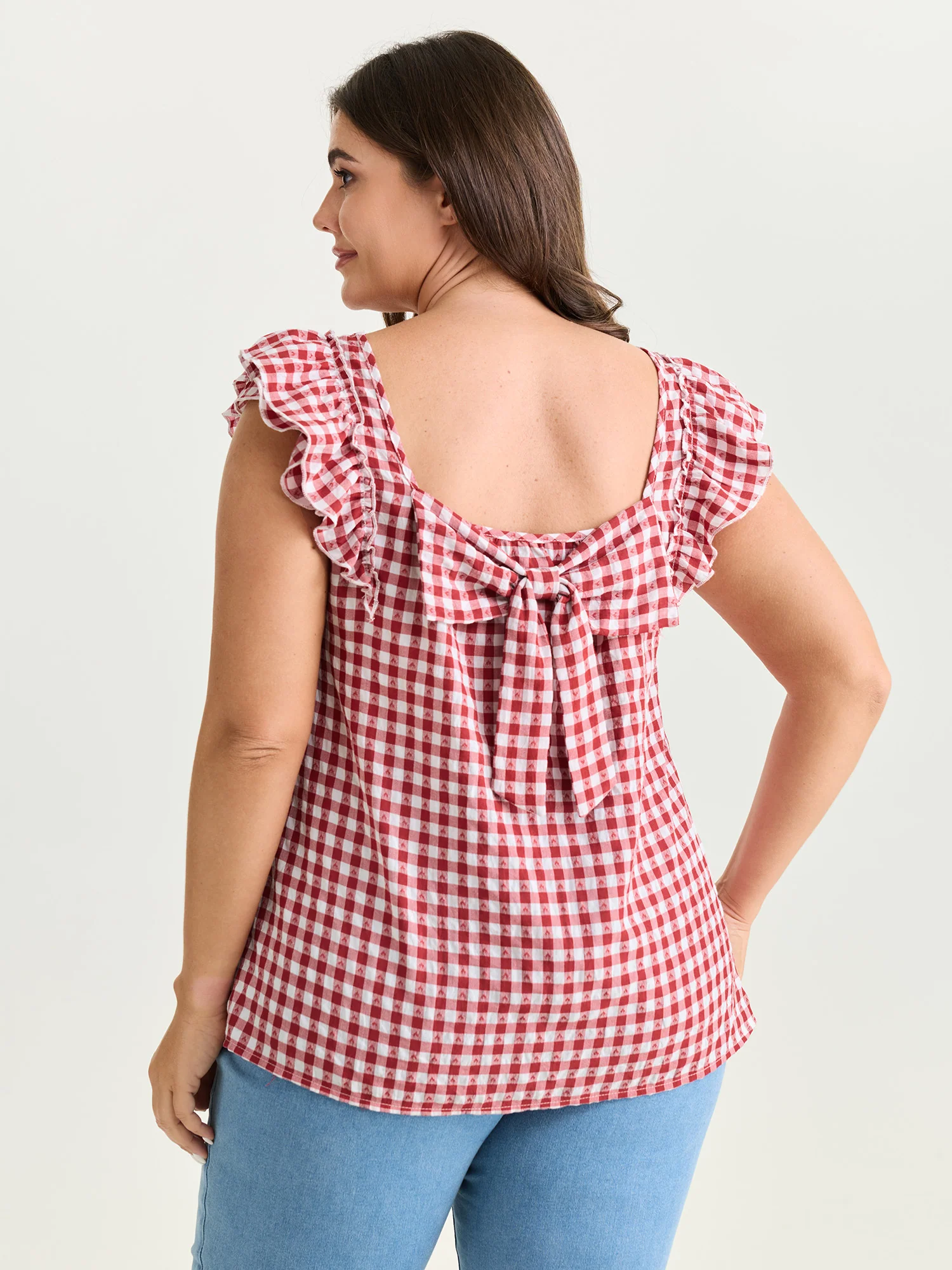 Gingham Print Layered Flutter Sleeve Blouse - Image 5