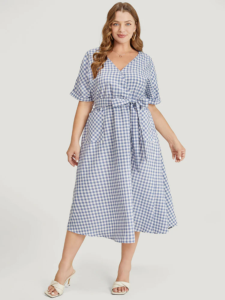 Gingham Print Roll Batwing Sleeve Belt Pocket Wrap Dress - Image 2