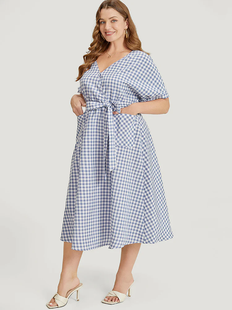 Gingham Print Roll Batwing Sleeve Belt Pocket Wrap Dress - Image 3