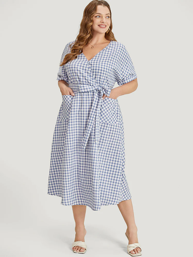 Gingham Print Roll Batwing Sleeve Belt Pocket Wrap Dress - Image 4