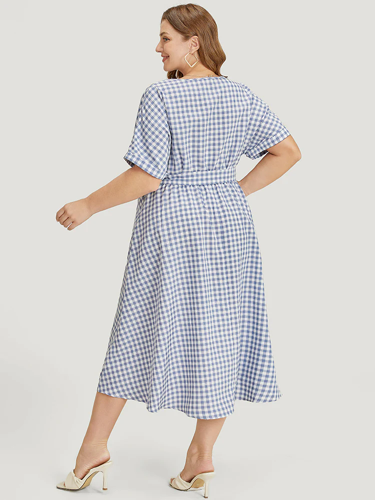 Gingham Print Roll Batwing Sleeve Belt Pocket Wrap Dress - Image 5