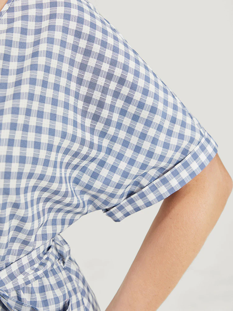 Gingham Print Roll Batwing Sleeve Belt Pocket Wrap Dress - Image 8