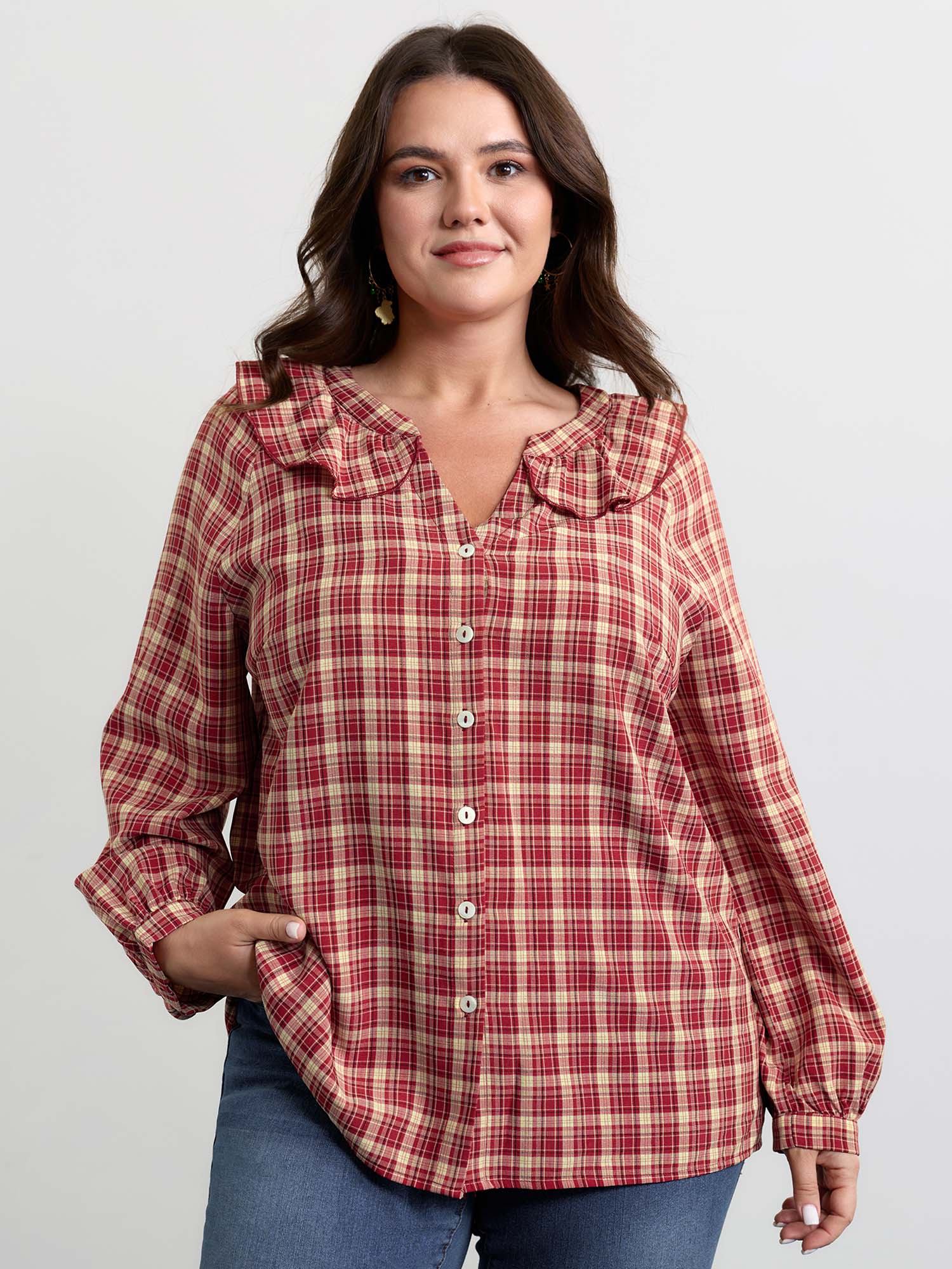 Gingham Print Ruffled Neck Button Blouse - Image 2