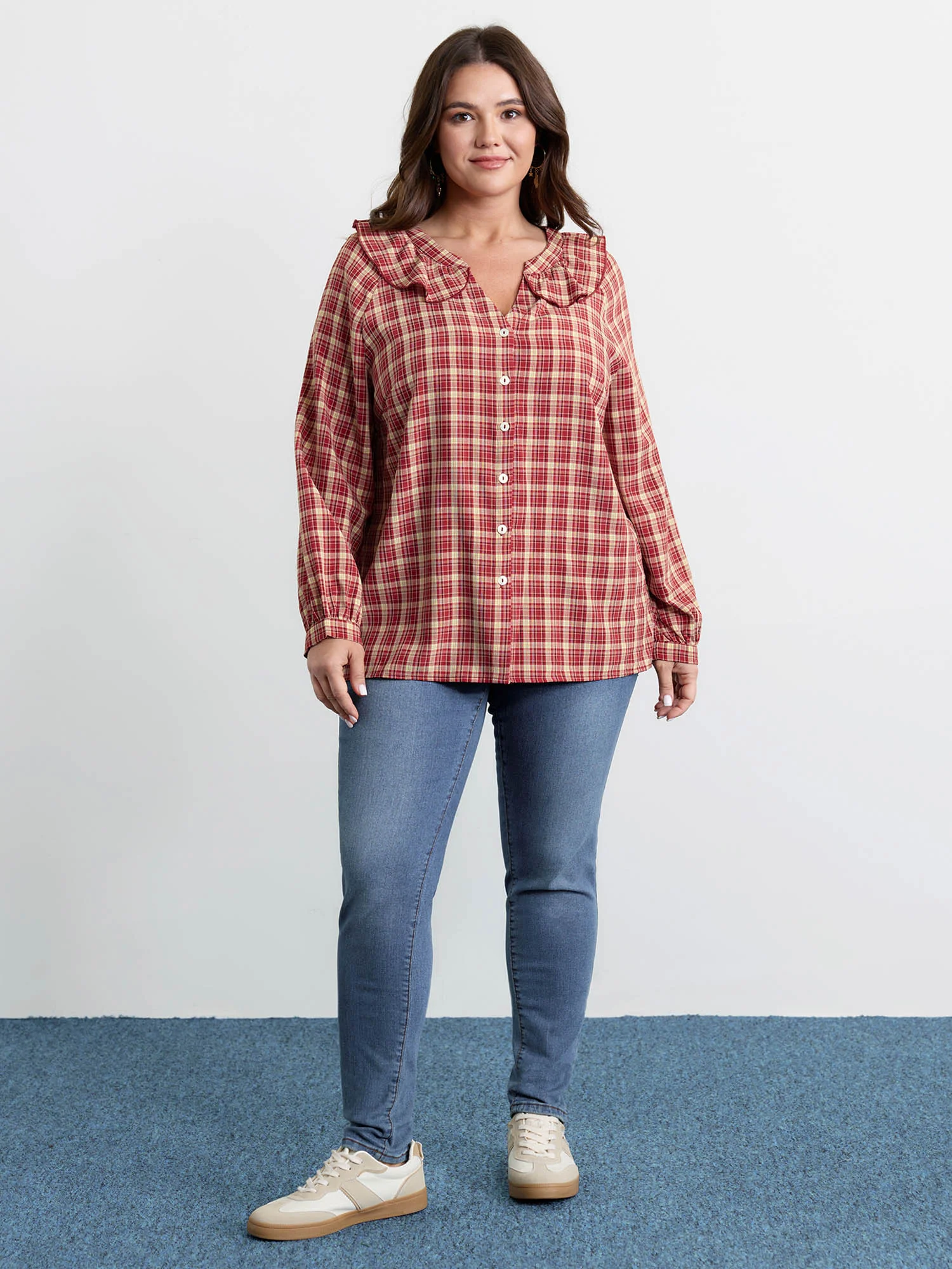 Gingham Print Ruffled Neck Button Blouse - Image 3