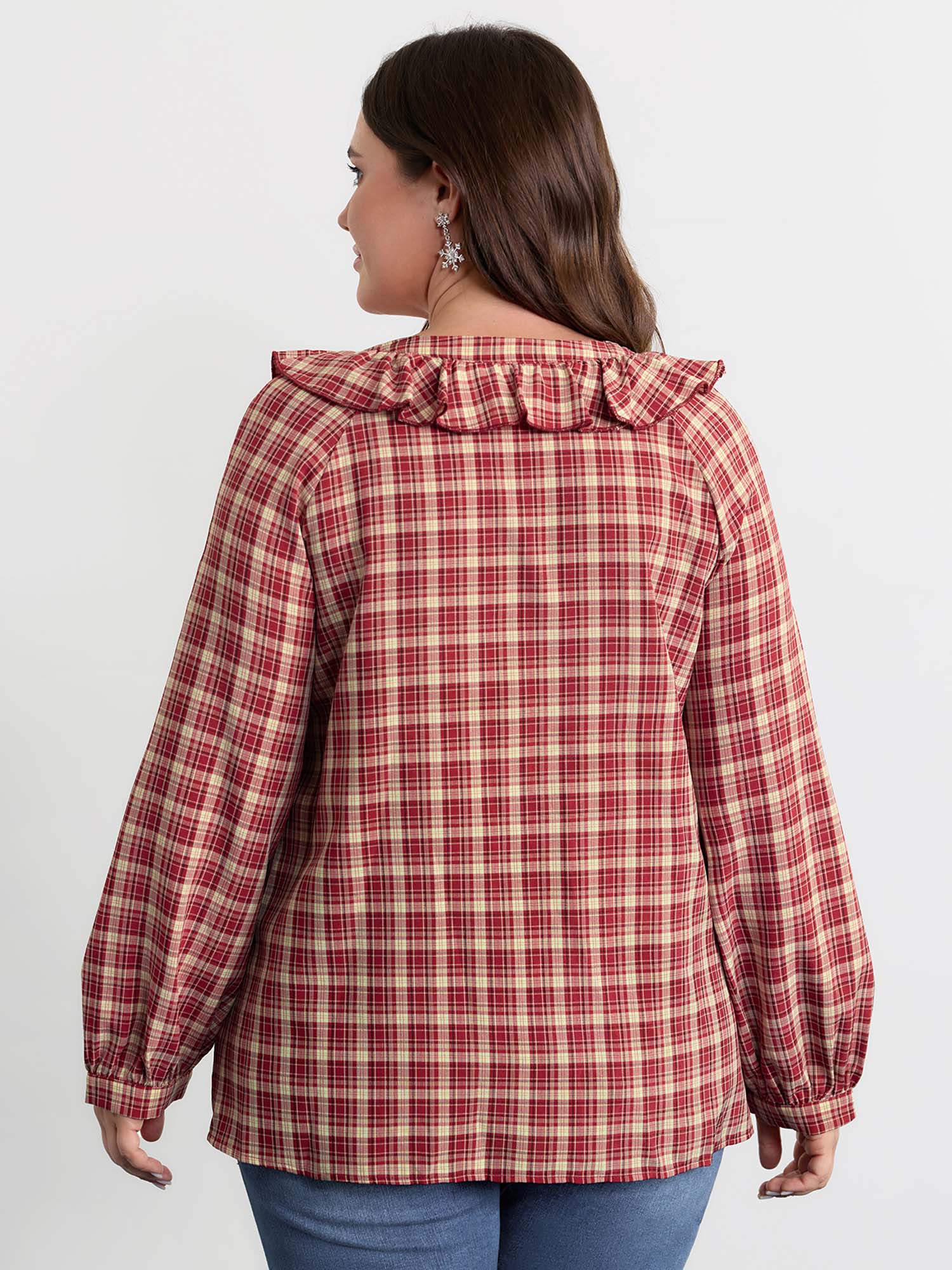 Gingham Print Ruffled Neck Button Blouse - Image 4