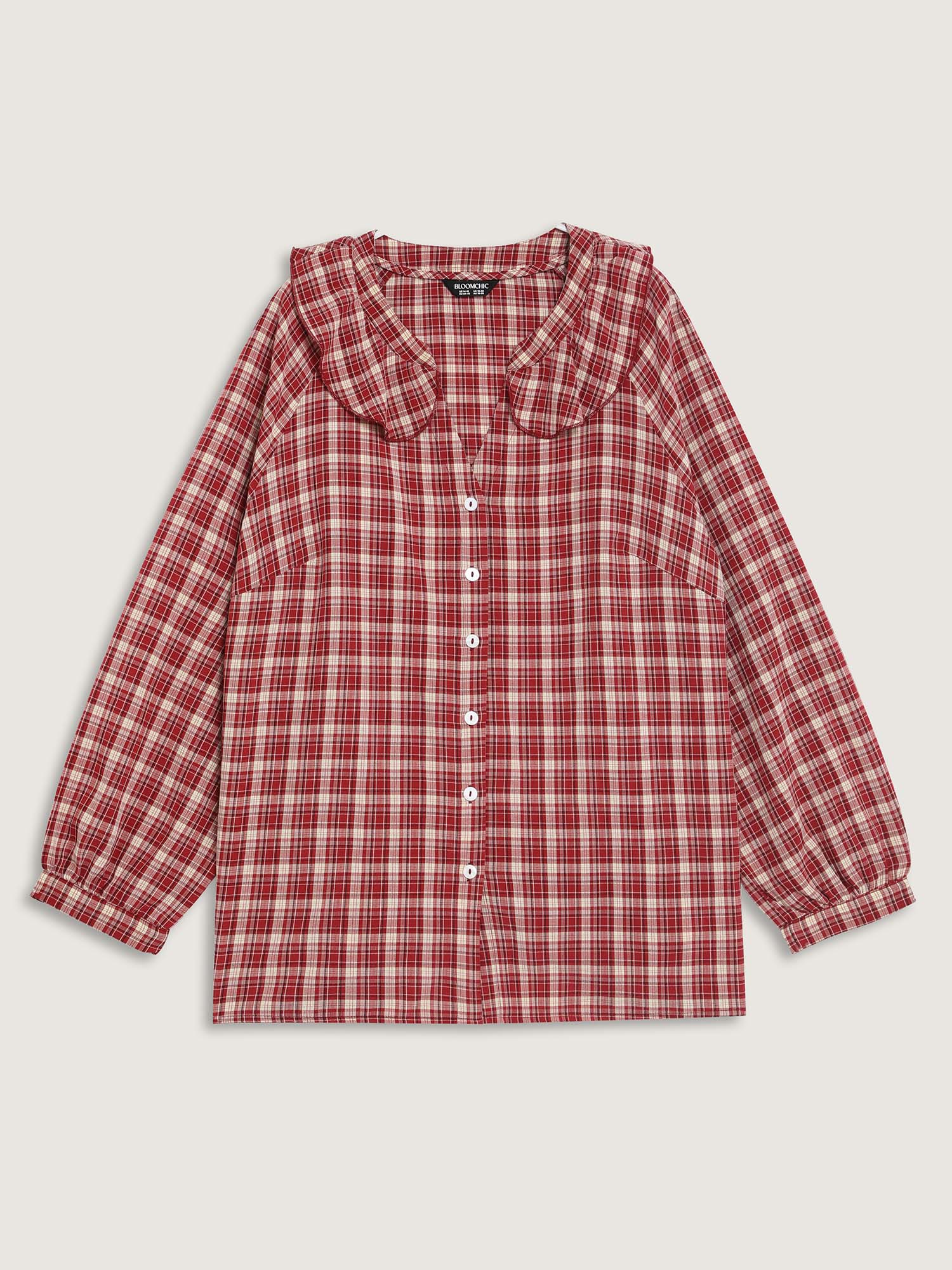 Gingham Print Ruffled Neck Button Blouse - Image 5