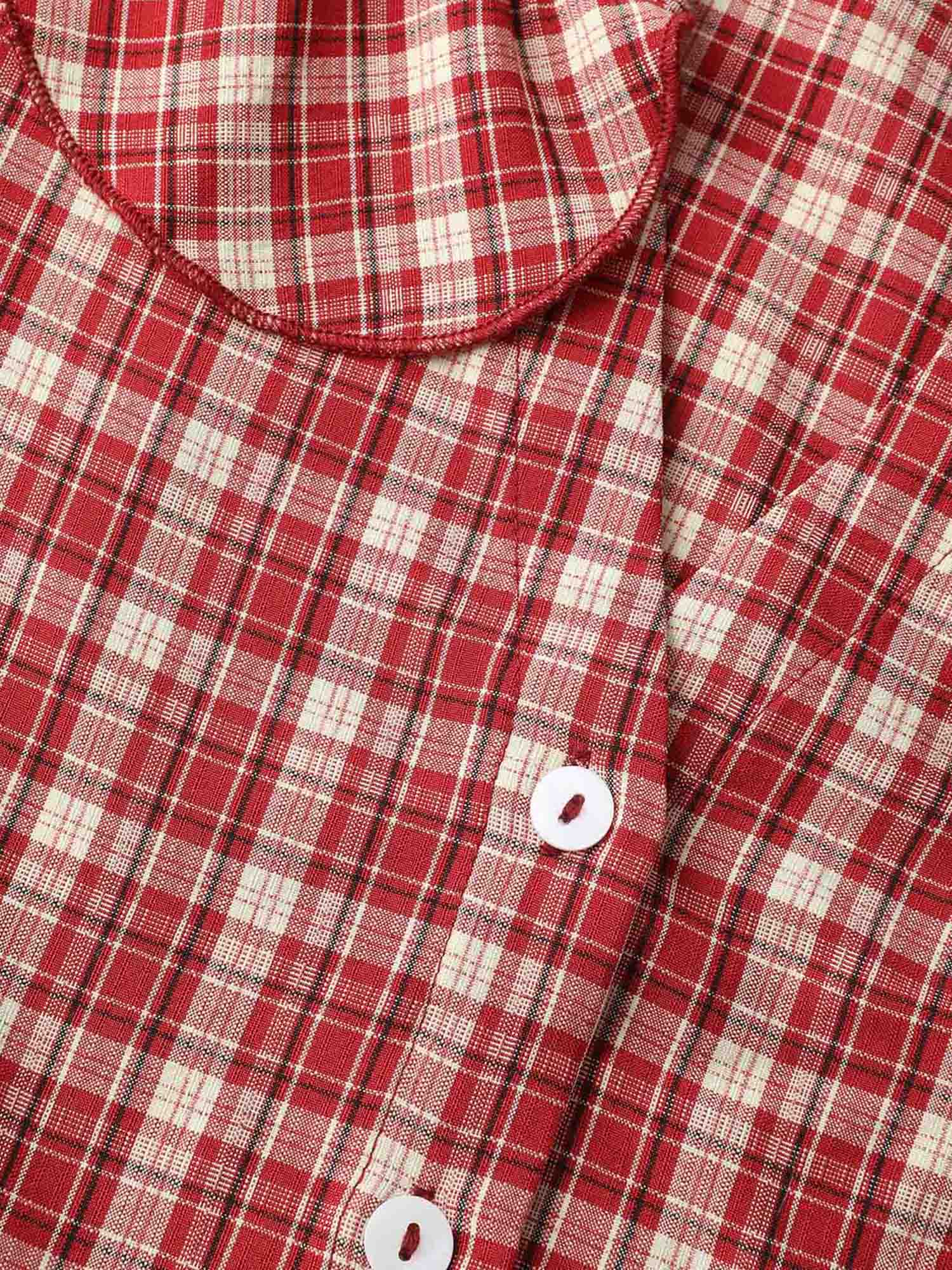 Gingham Print Ruffled Neck Button Blouse - Image 6