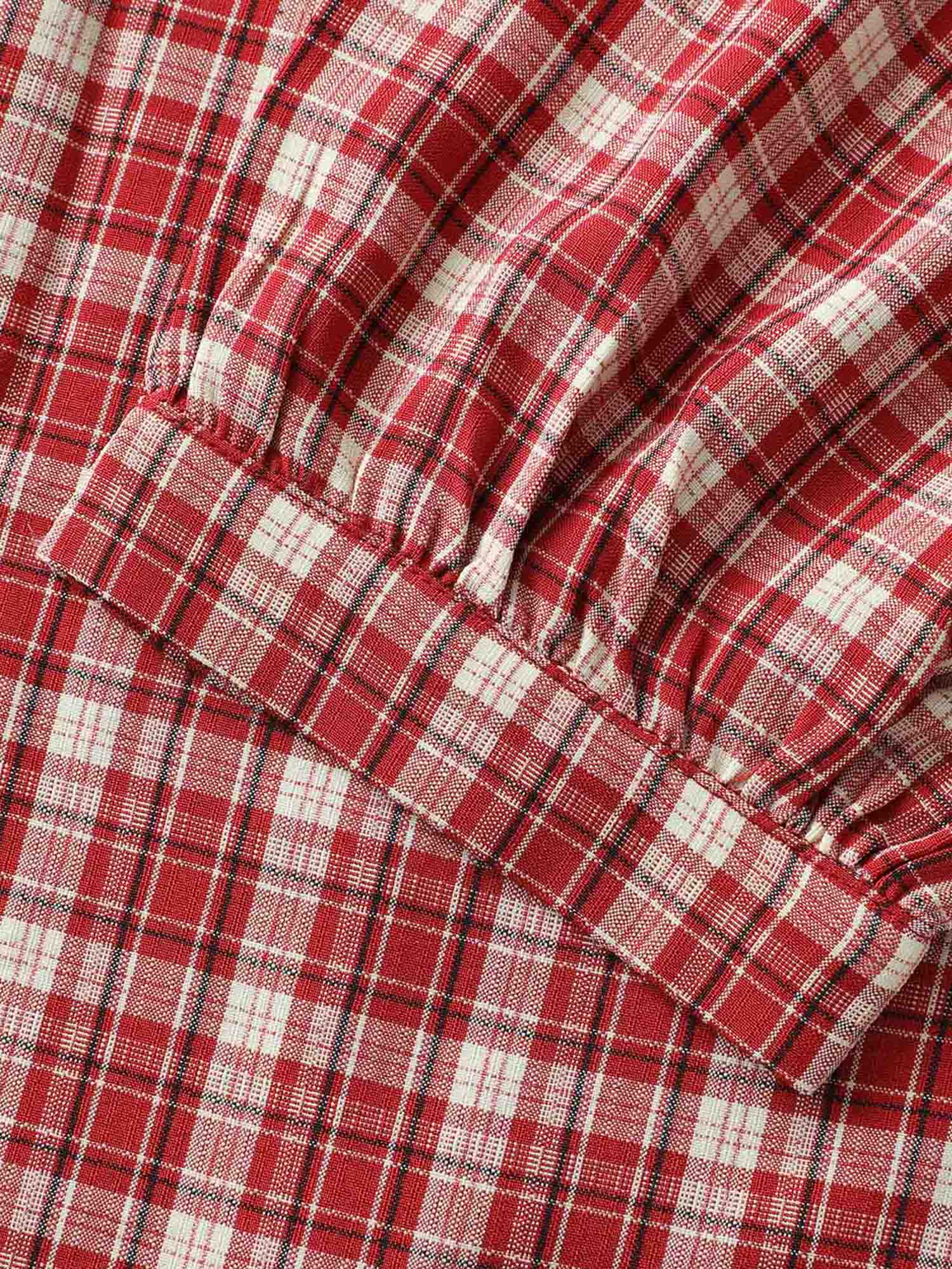 Gingham Print Ruffled Neck Button Blouse - Image 7