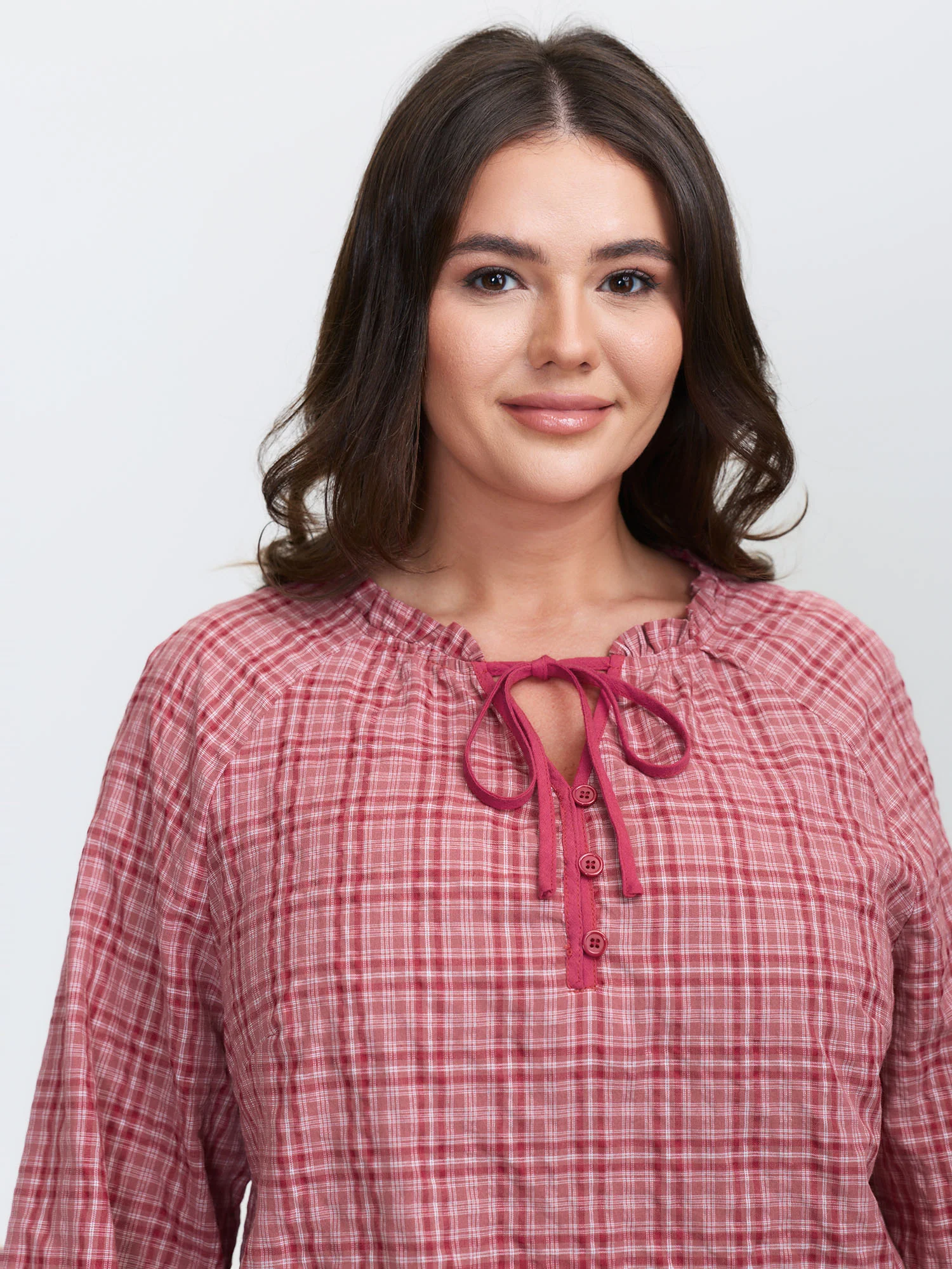 Gingham Print Ruffled Neck-Tie Blouse - Image 2