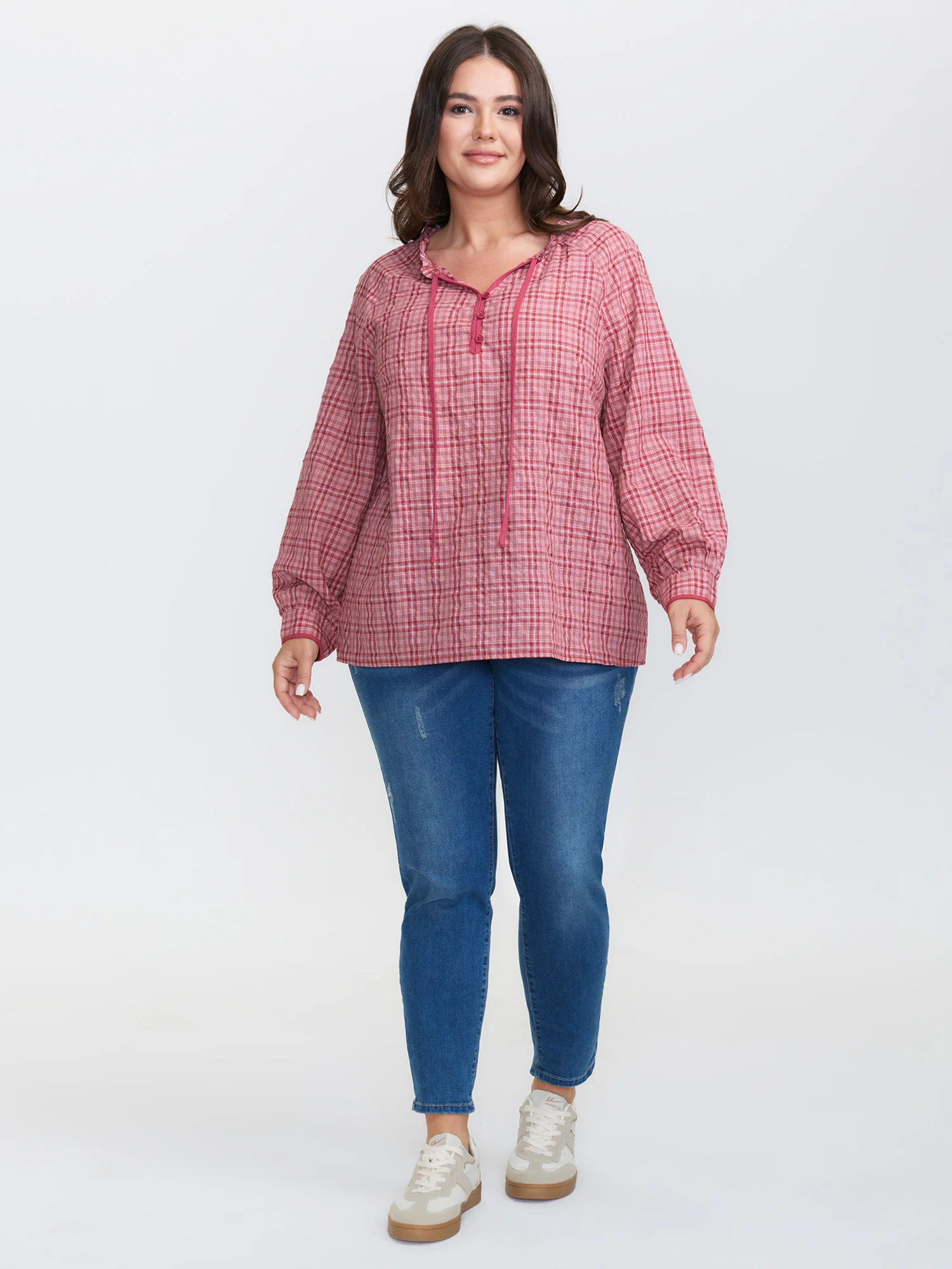 Gingham Print Ruffled Neck-Tie Blouse - Image 3