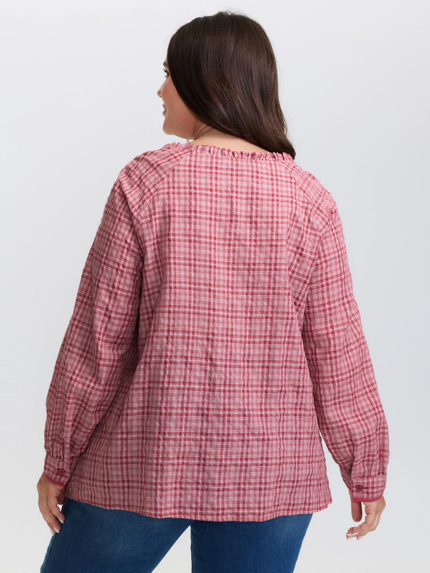 Gingham Print Ruffled Neck-Tie Blouse - Image 4