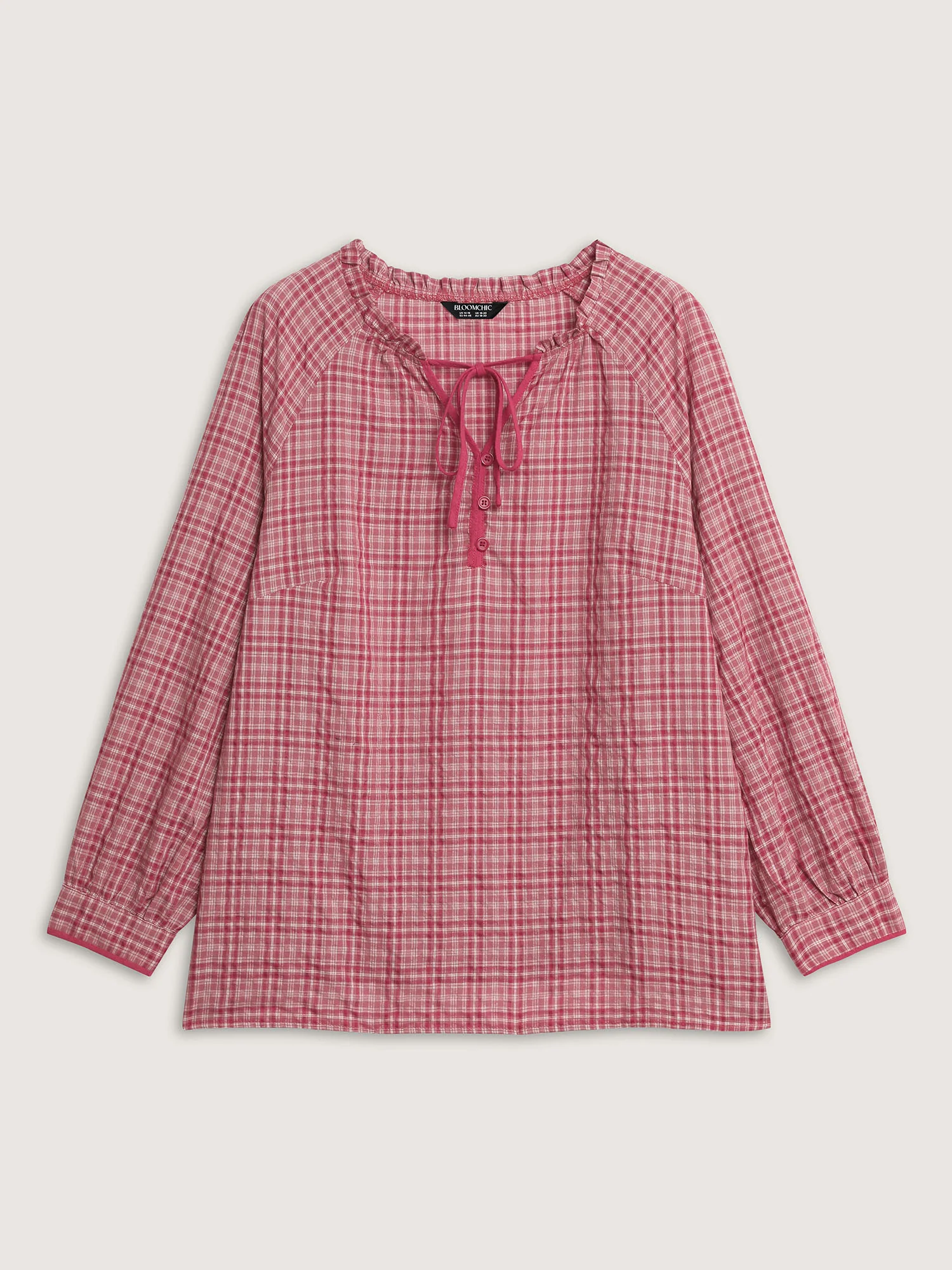 Gingham Print Ruffled Neck-Tie Blouse - Image 7