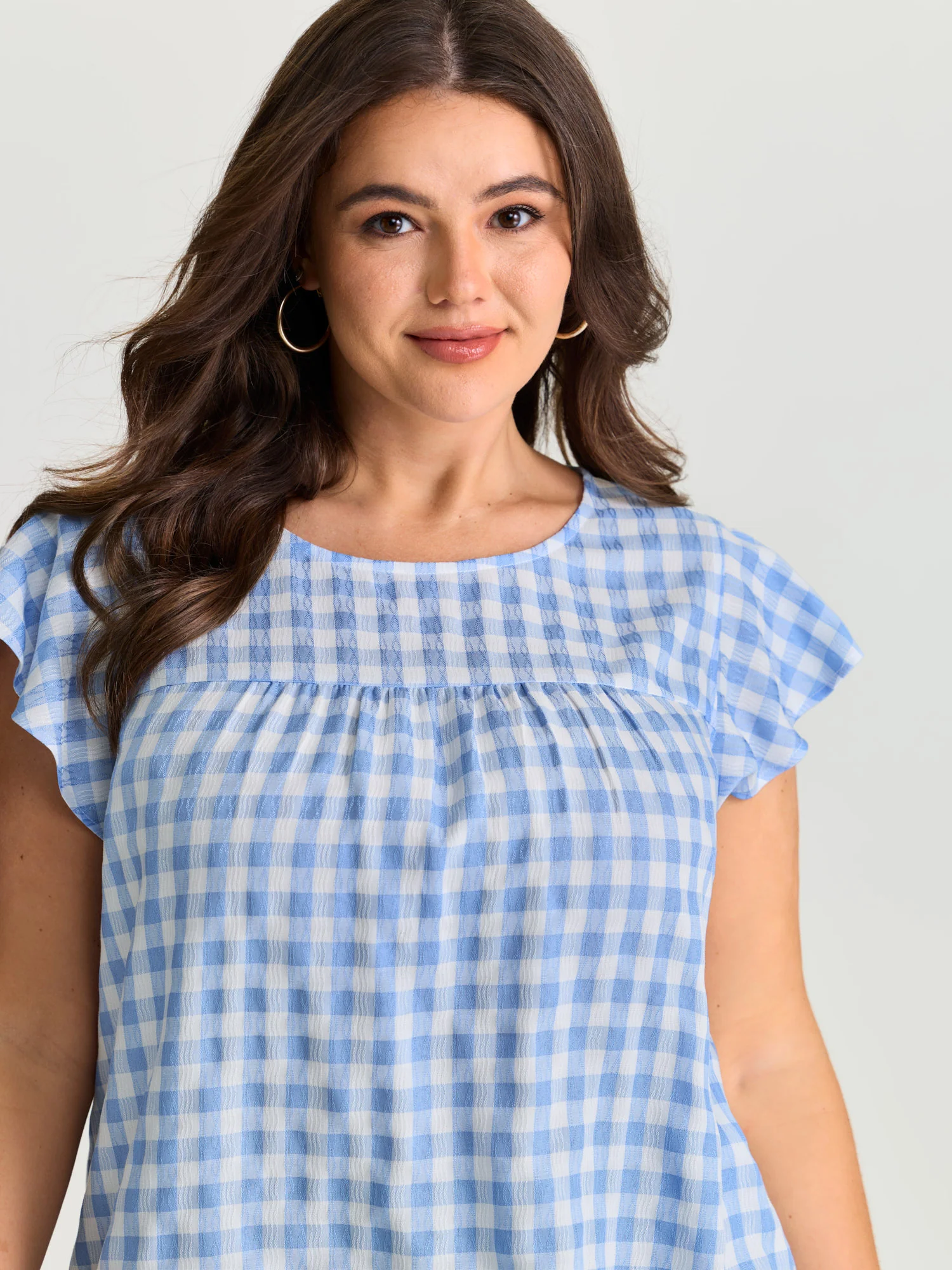 Gingham Print Ruffled Sleeve Pleated Blouse - Image 2