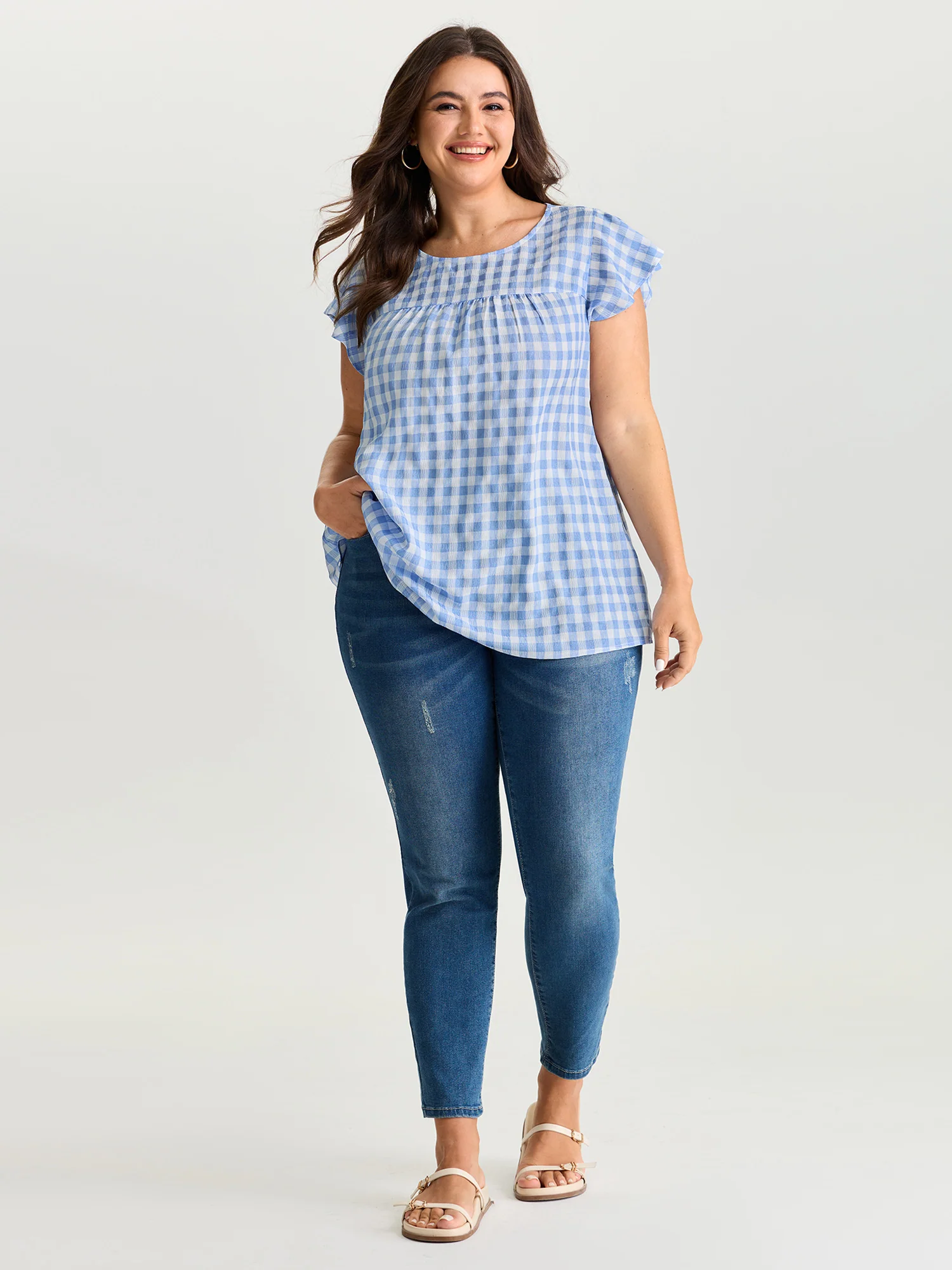 Gingham Print Ruffled Sleeve Pleated Blouse - Image 3