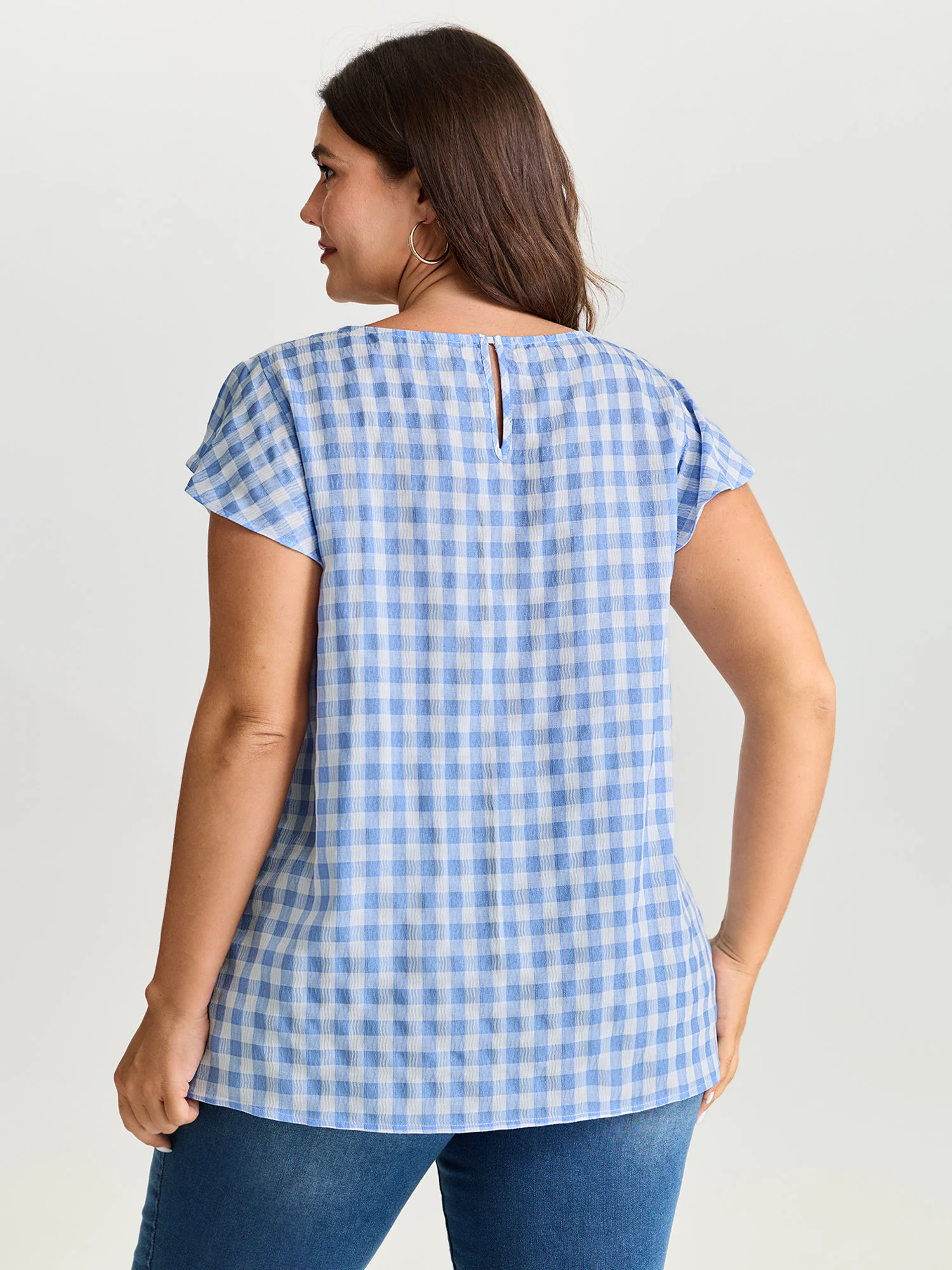 Gingham Print Ruffled Sleeve Pleated Blouse - Image 4