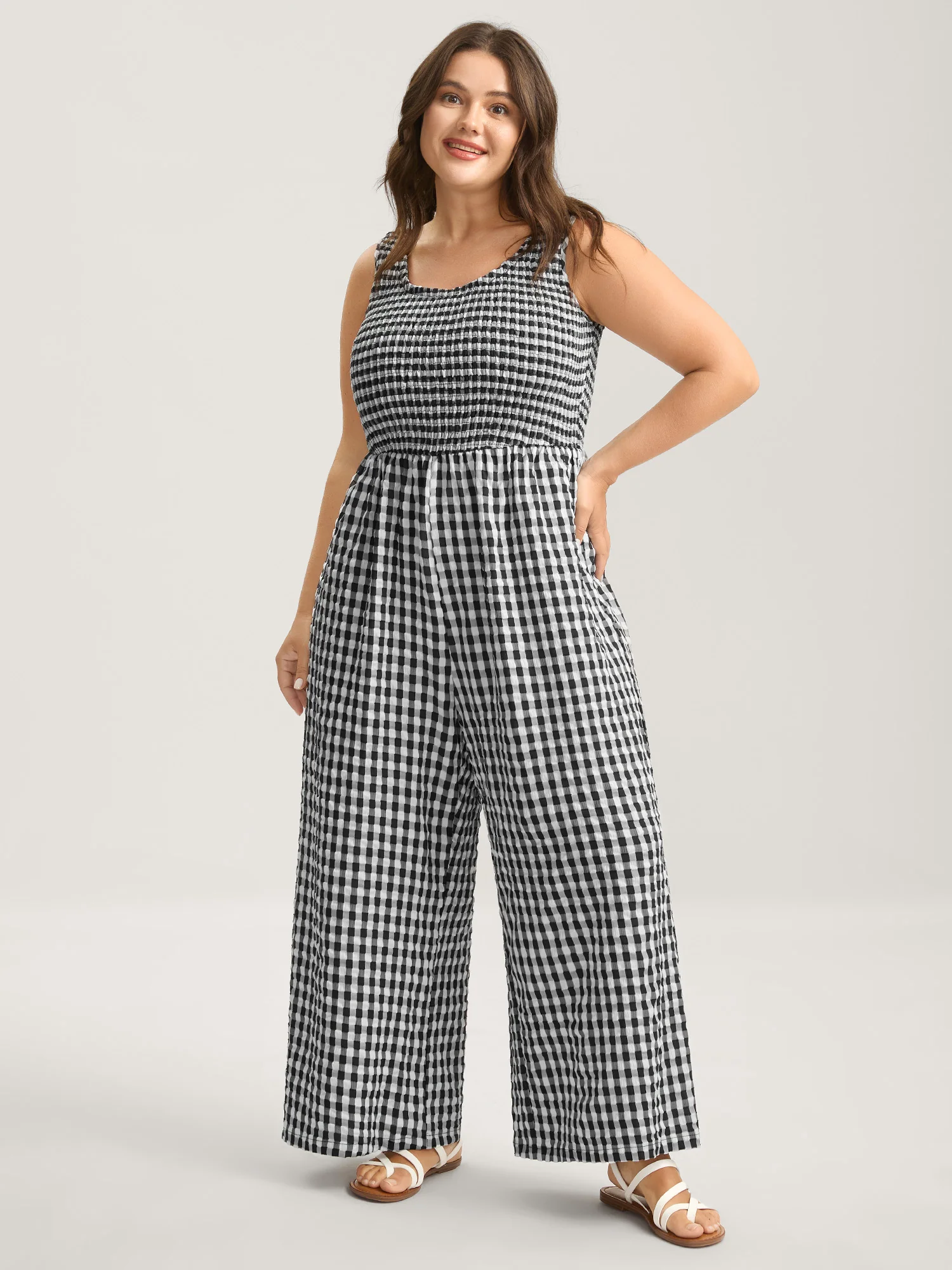 Gingham Print Shirred Straight-Leg Jumpsuit - Image 3