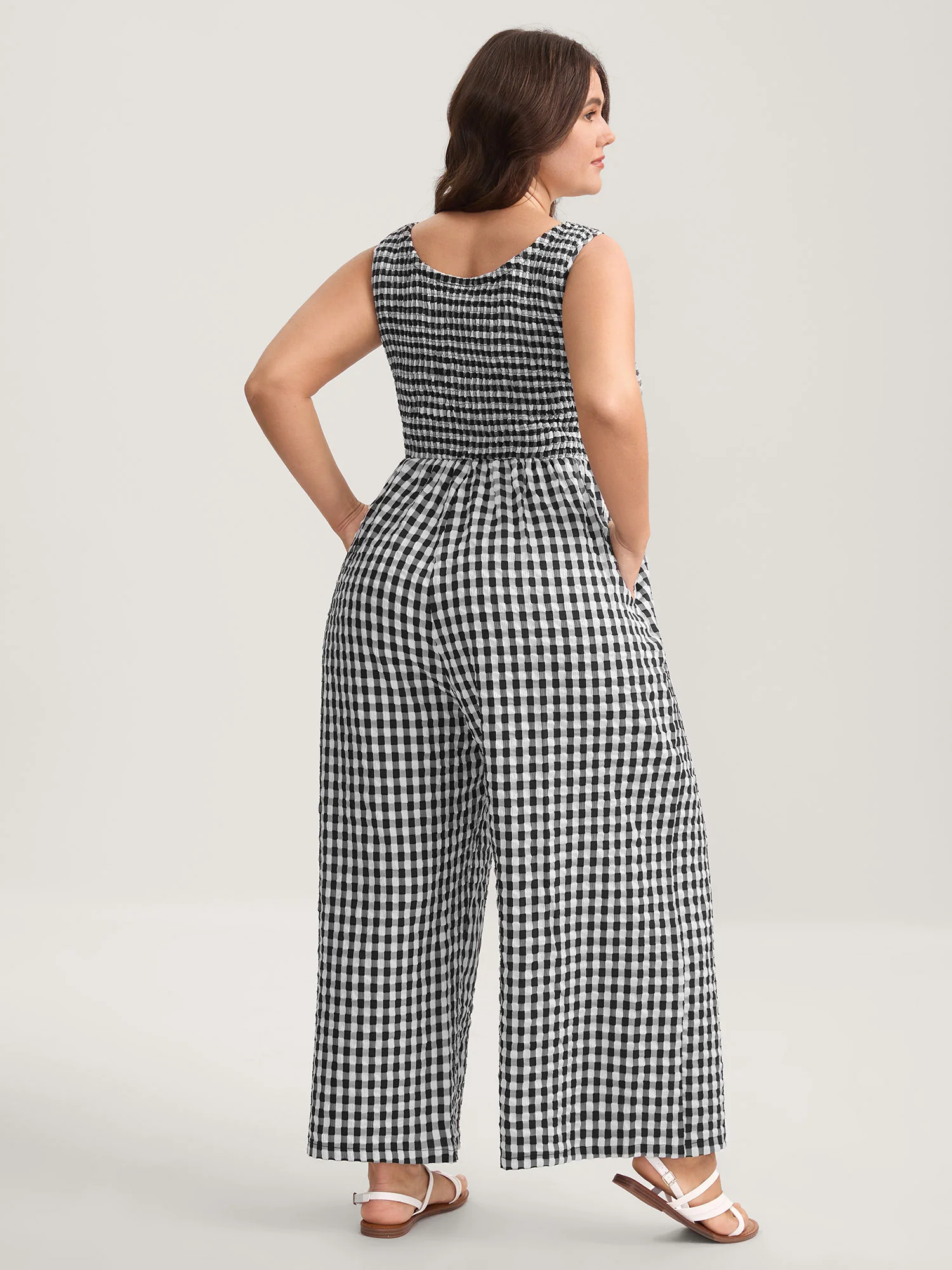 Gingham Print Shirred Straight-Leg Jumpsuit - Image 4