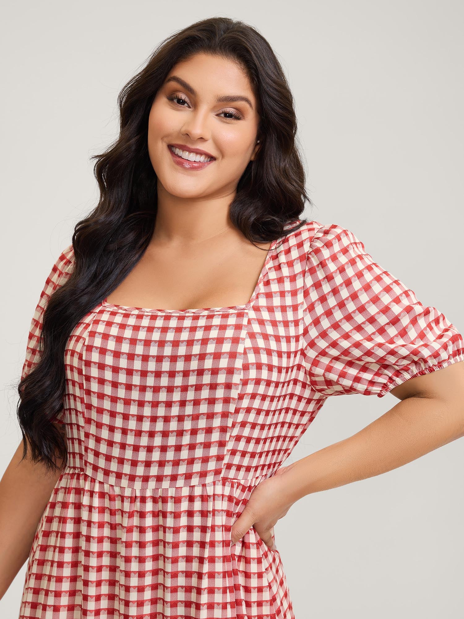 Gingham Print Textured Ruffled Hem Midi Dress - Image 2