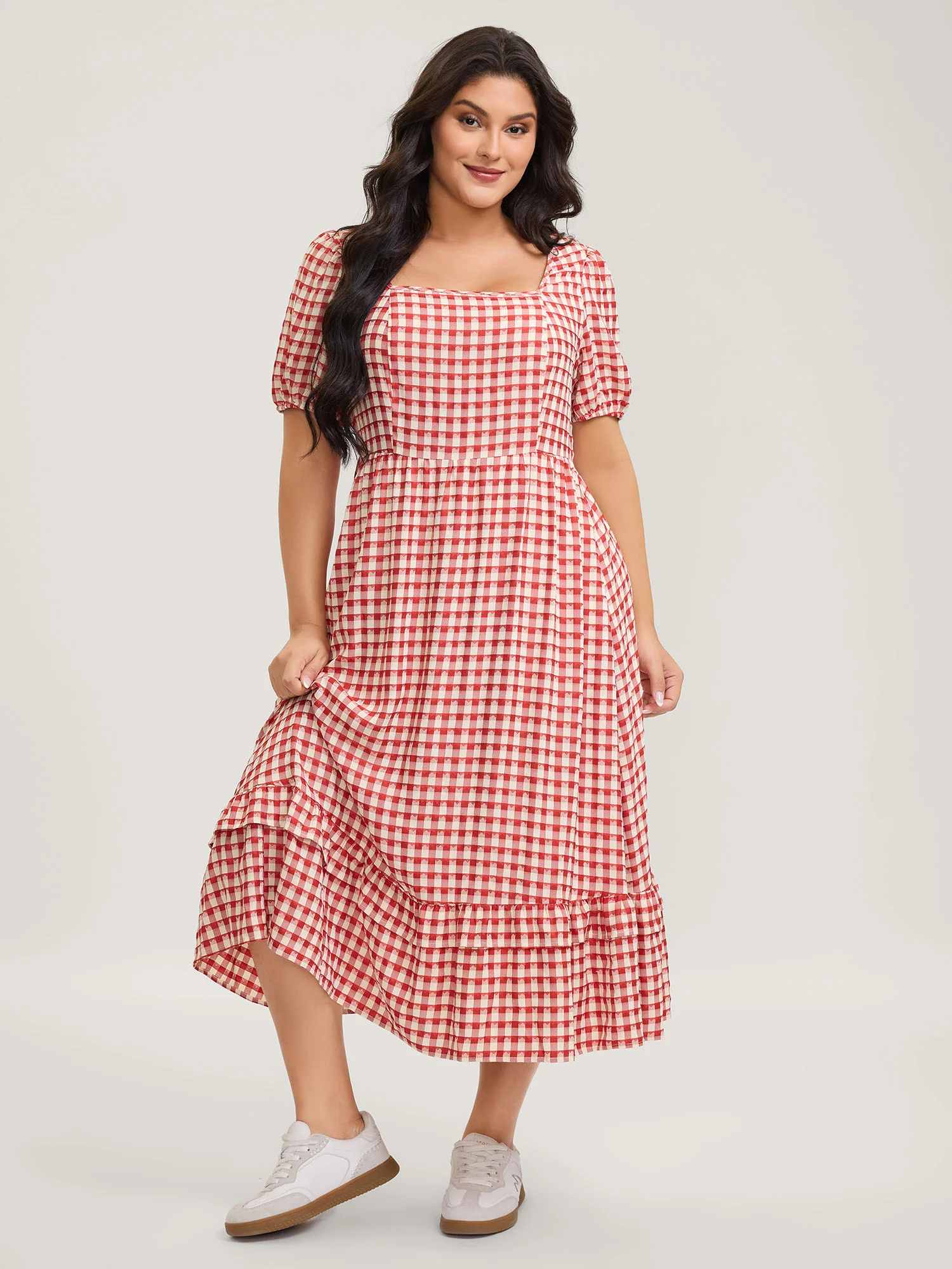 Gingham Print Textured Ruffled Hem Midi Dress - Image 3