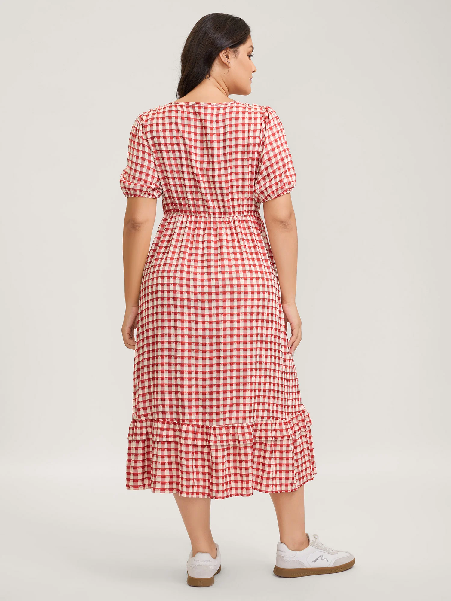 Gingham Print Textured Ruffled Hem Midi Dress - Image 4