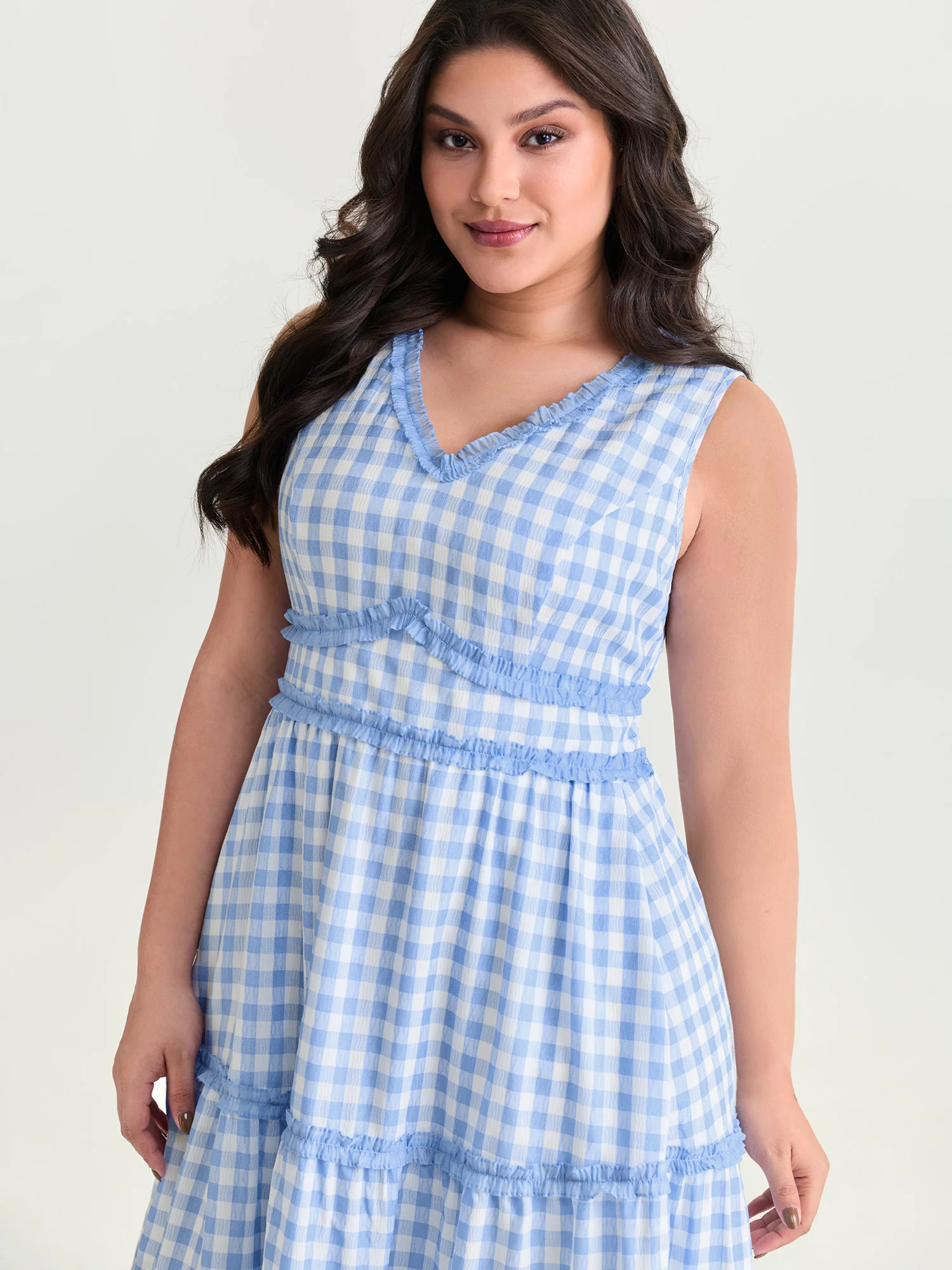 Gingham Print Tiered Shirred Midi Dress - Image 2