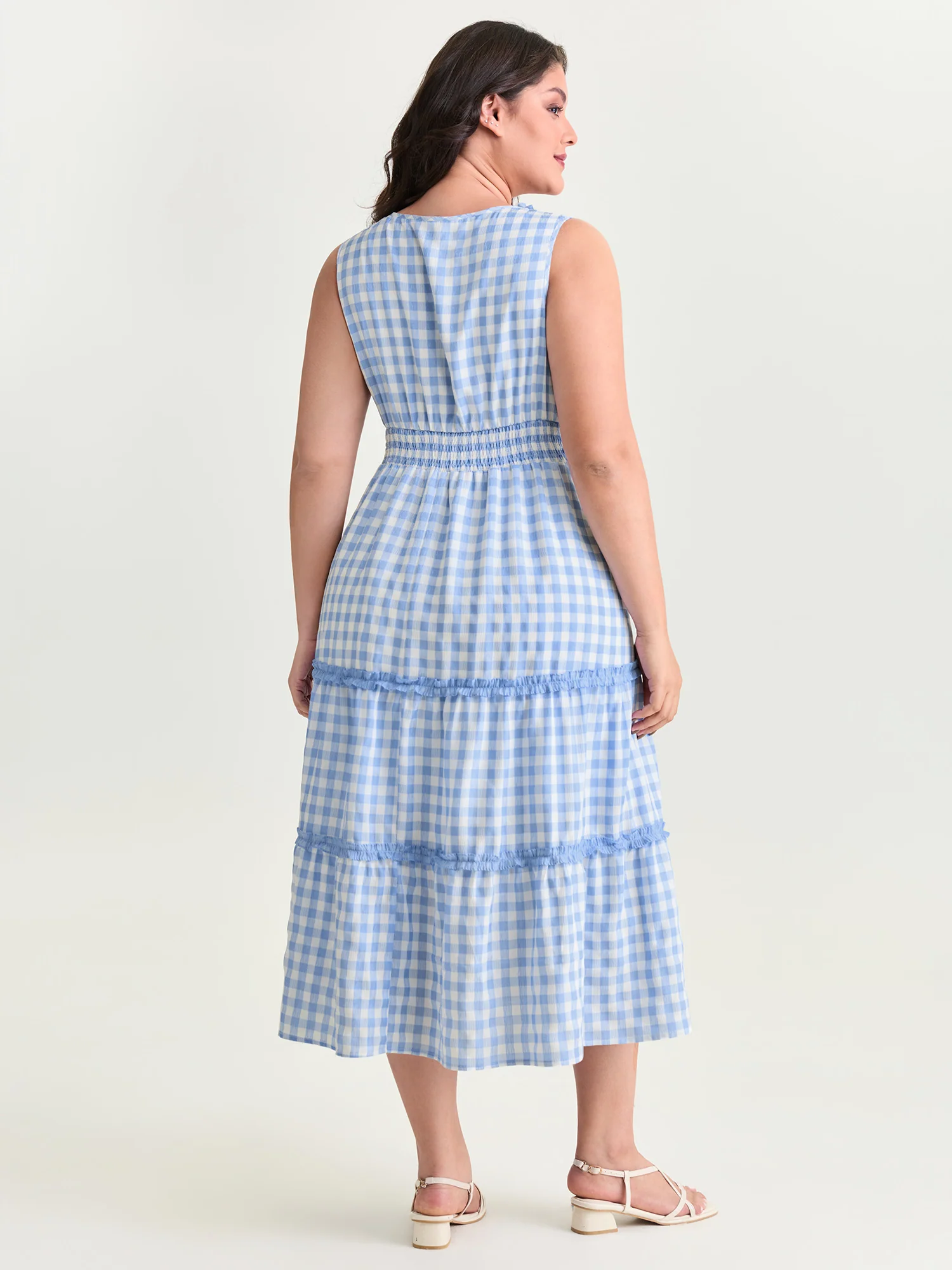 Gingham Print Tiered Shirred Midi Dress - Image 3