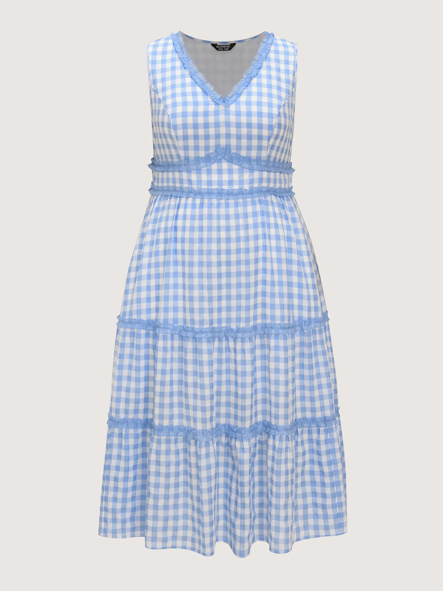 Gingham Print Tiered Shirred Midi Dress - Image 6