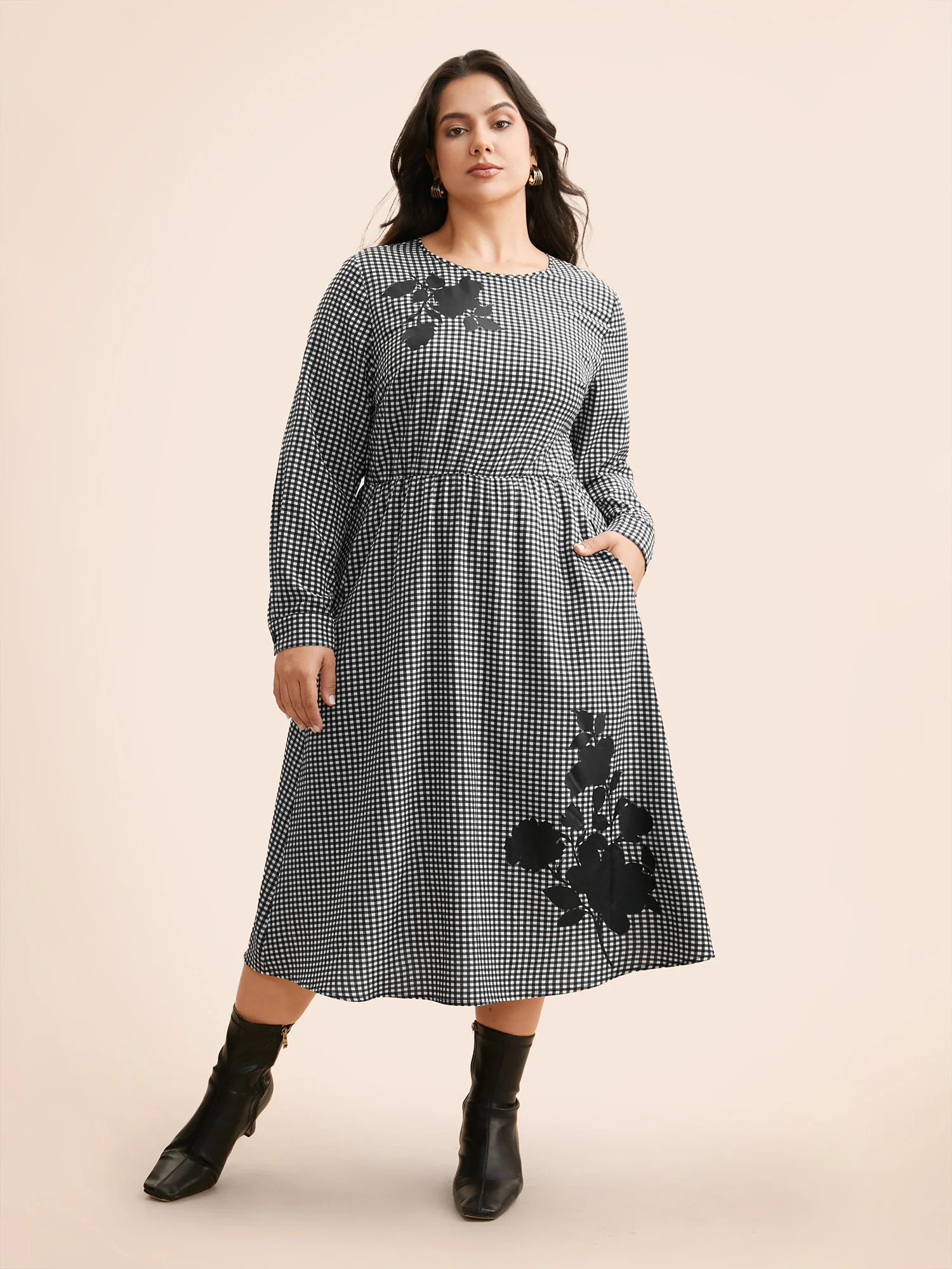 Gingham Silhouette Floral Print Midi Dress - Image 2