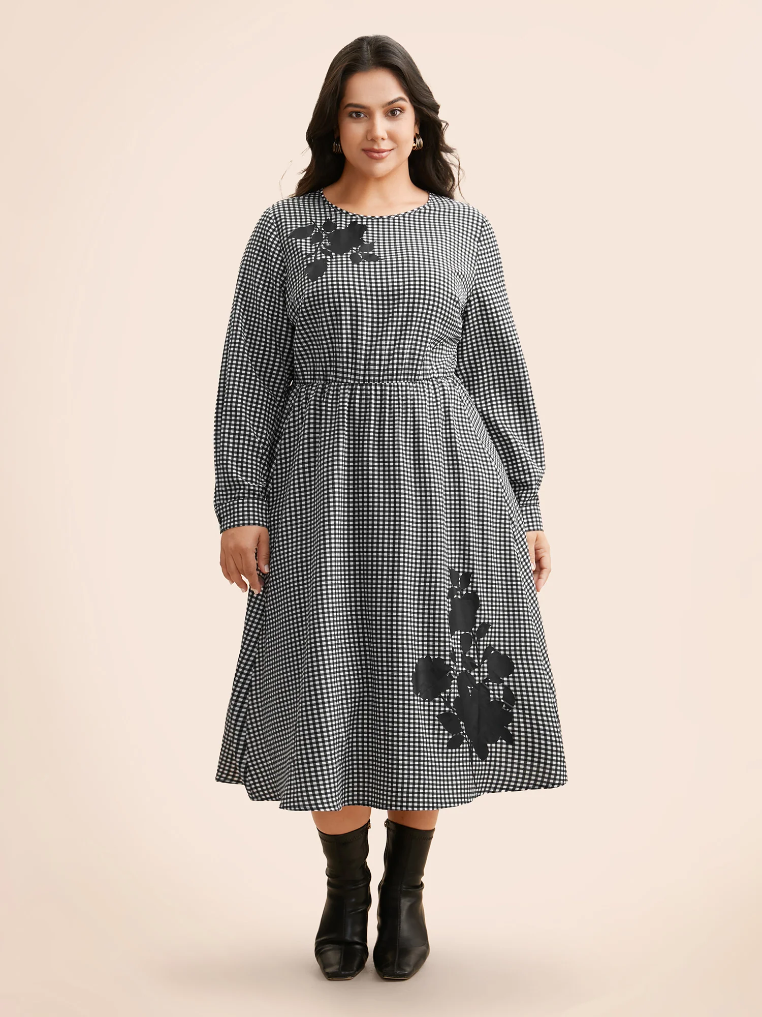 Gingham Silhouette Floral Print Midi Dress - Image 3