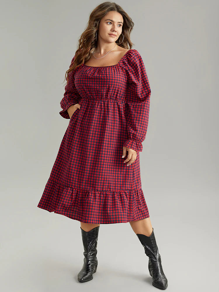 Gingham Square Neck Shirred Gathered Ruffles Dress - Image 2