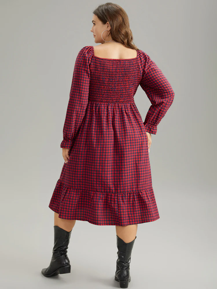 Gingham Square Neck Shirred Gathered Ruffles Dress - Image 3