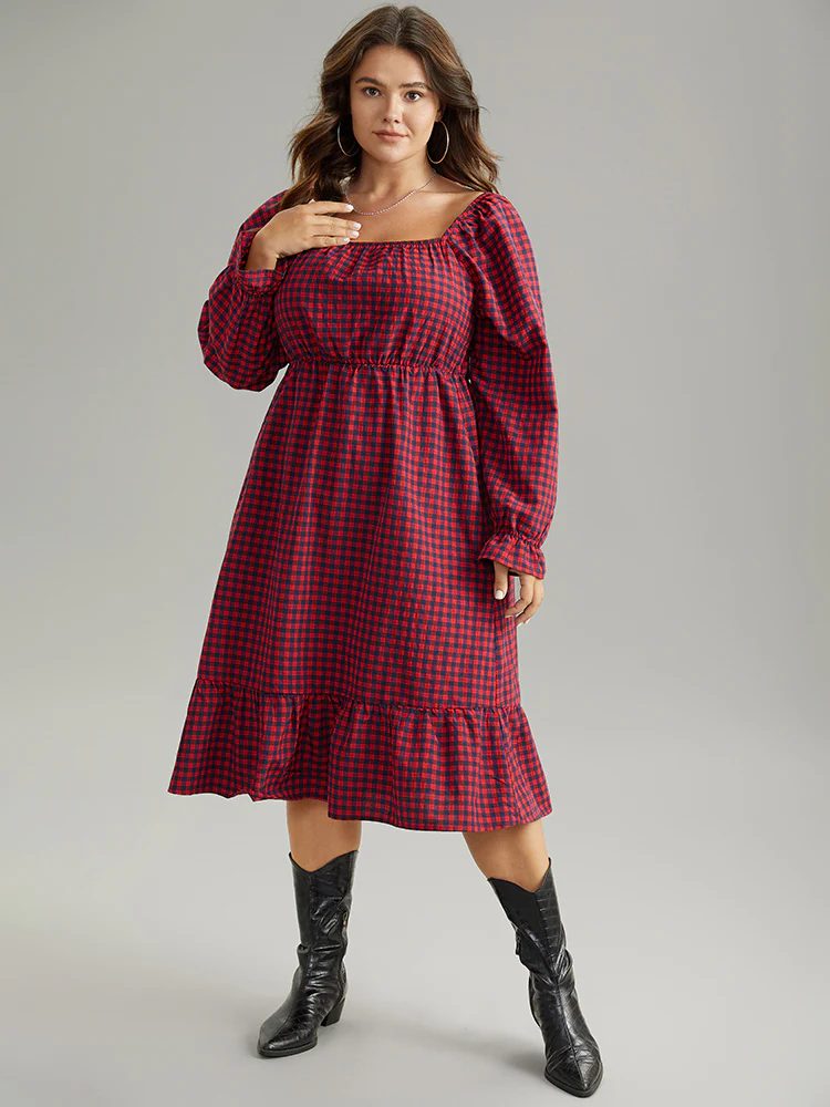 Gingham Square Neck Shirred Gathered Ruffles Dress - Image 4