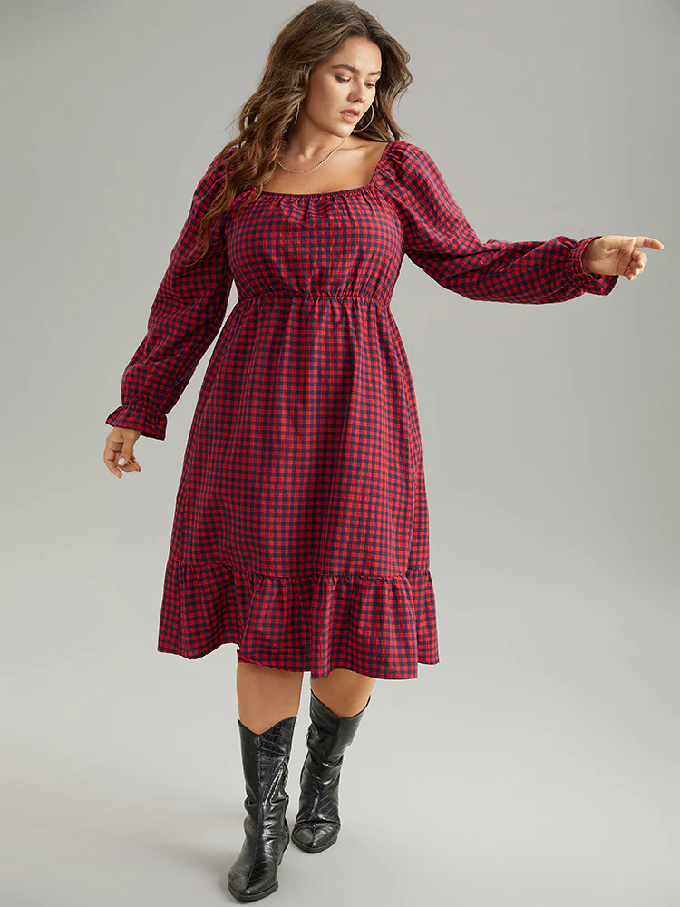 Gingham Square Neck Shirred Gathered Ruffles Dress - Image 5