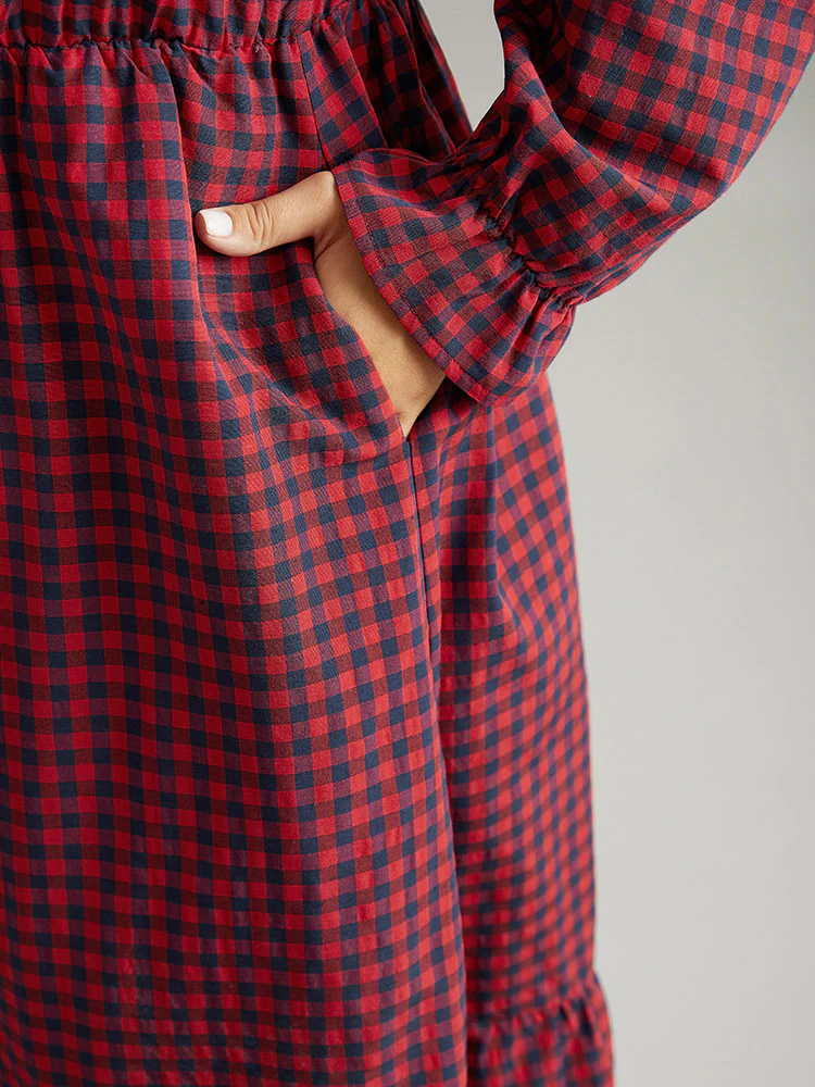 Gingham Square Neck Shirred Gathered Ruffles Dress - Image 7
