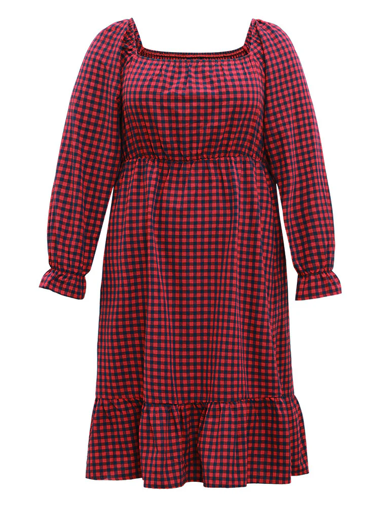 Gingham Square Neck Shirred Gathered Ruffles Dress - Image 8
